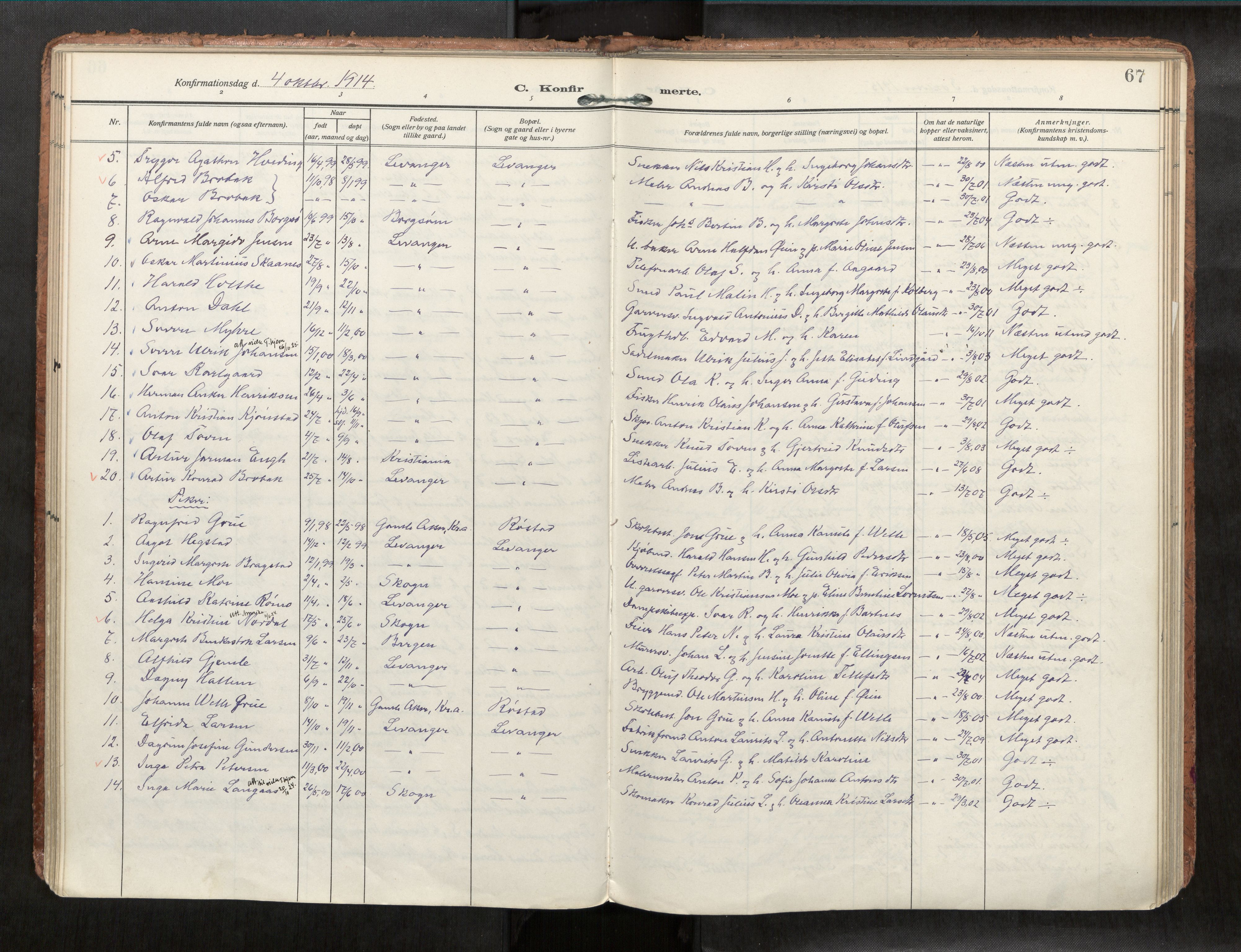 Levanger sokneprestkontor, SAT/A-1301/2/H/Haa/L0001: Parish register (official) no. 1, 1912-1932, p. 67