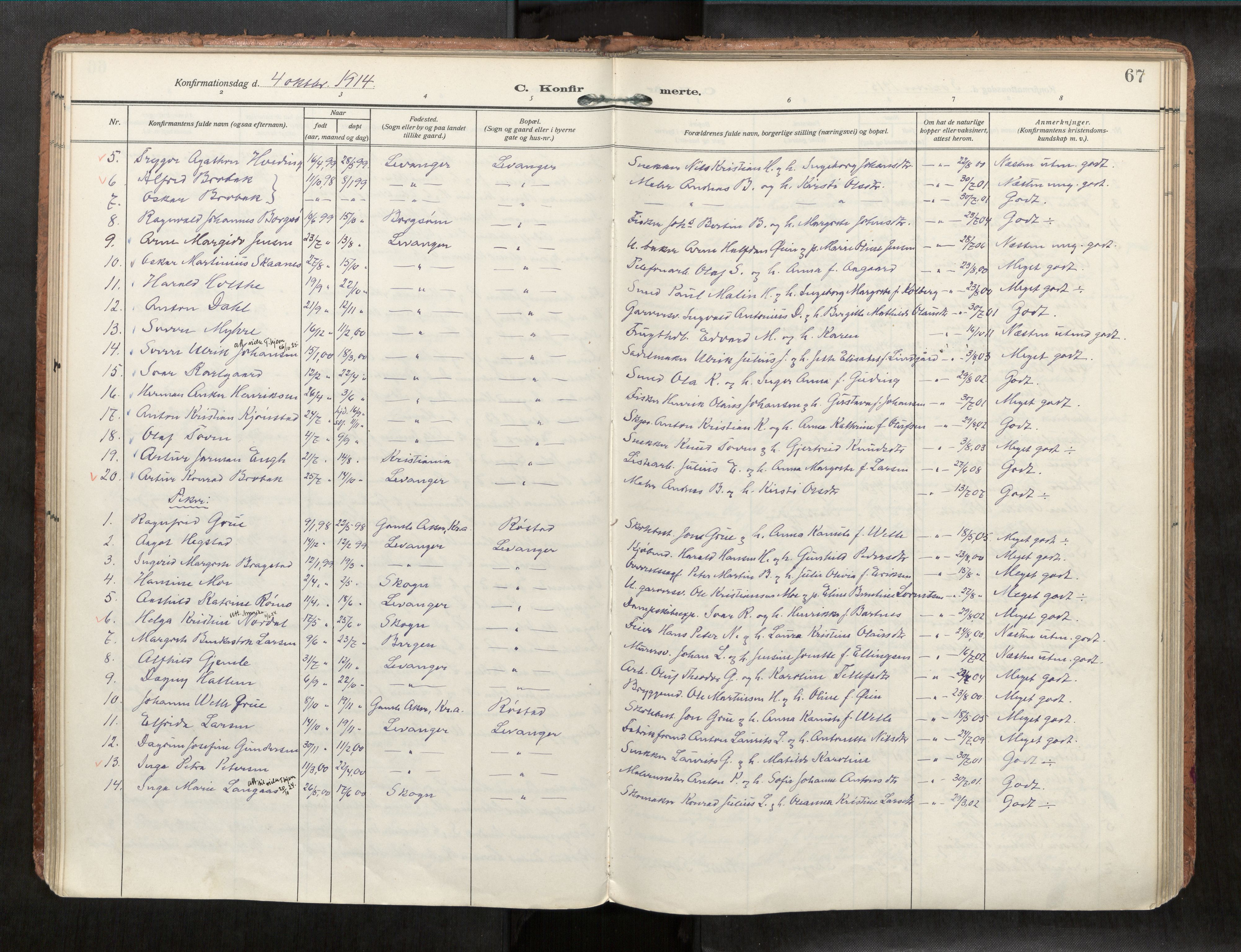 Levanger sokneprestkontor, AV/SAT-A-1301/2/H/Haa/L0001: Parish register (official) no. 1, 1912-1932, p. 67