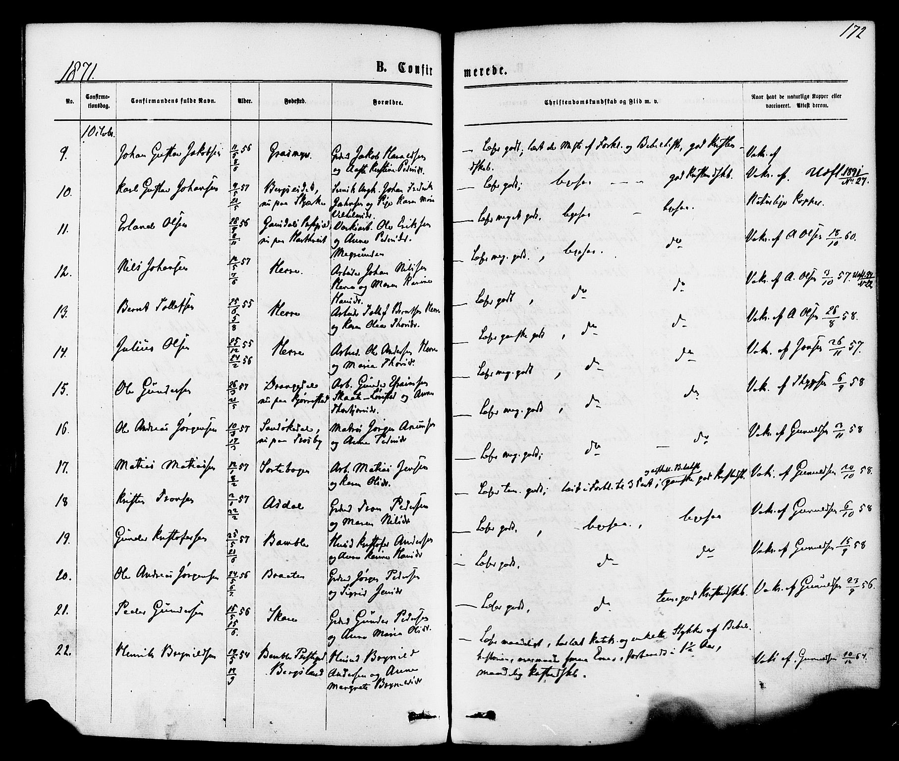 Bamble kirkebøker, SAKO/A-253/F/Fa/L0006: Parish register (official) no. I 6, 1869-1877, p. 172