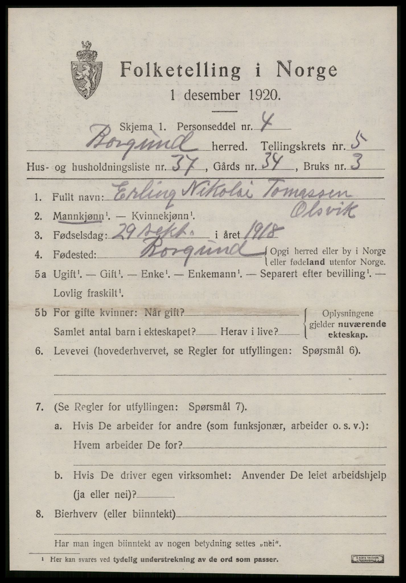 SAT, 1920 census for Borgund, 1920, p. 5000