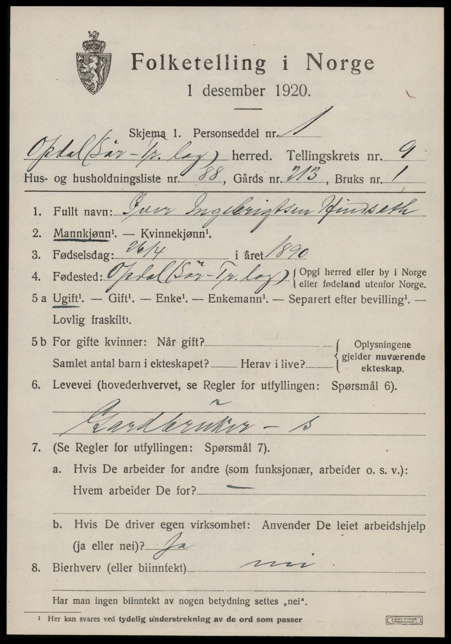 SAT, 1920 census for Oppdal, 1920, p. 8143