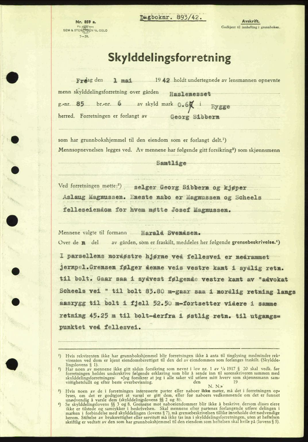 Moss sorenskriveri, SAO/A-10168: Mortgage book no. A9, 1941-1942, Diary no: : 893/1942