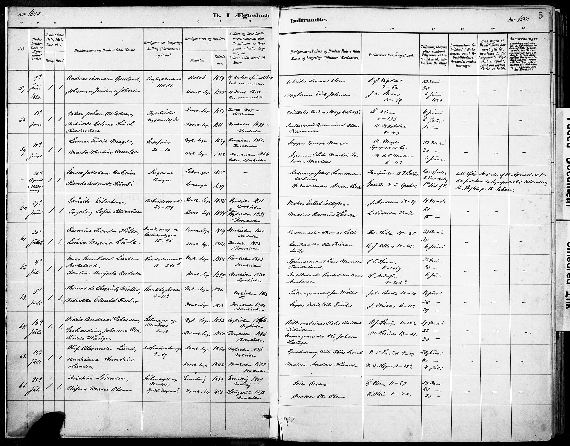 Domkirken sokneprestembete, AV/SAB-A-74801/H/Haa/L0037: Parish register (official) no. D 4, 1880-1907, p. 5