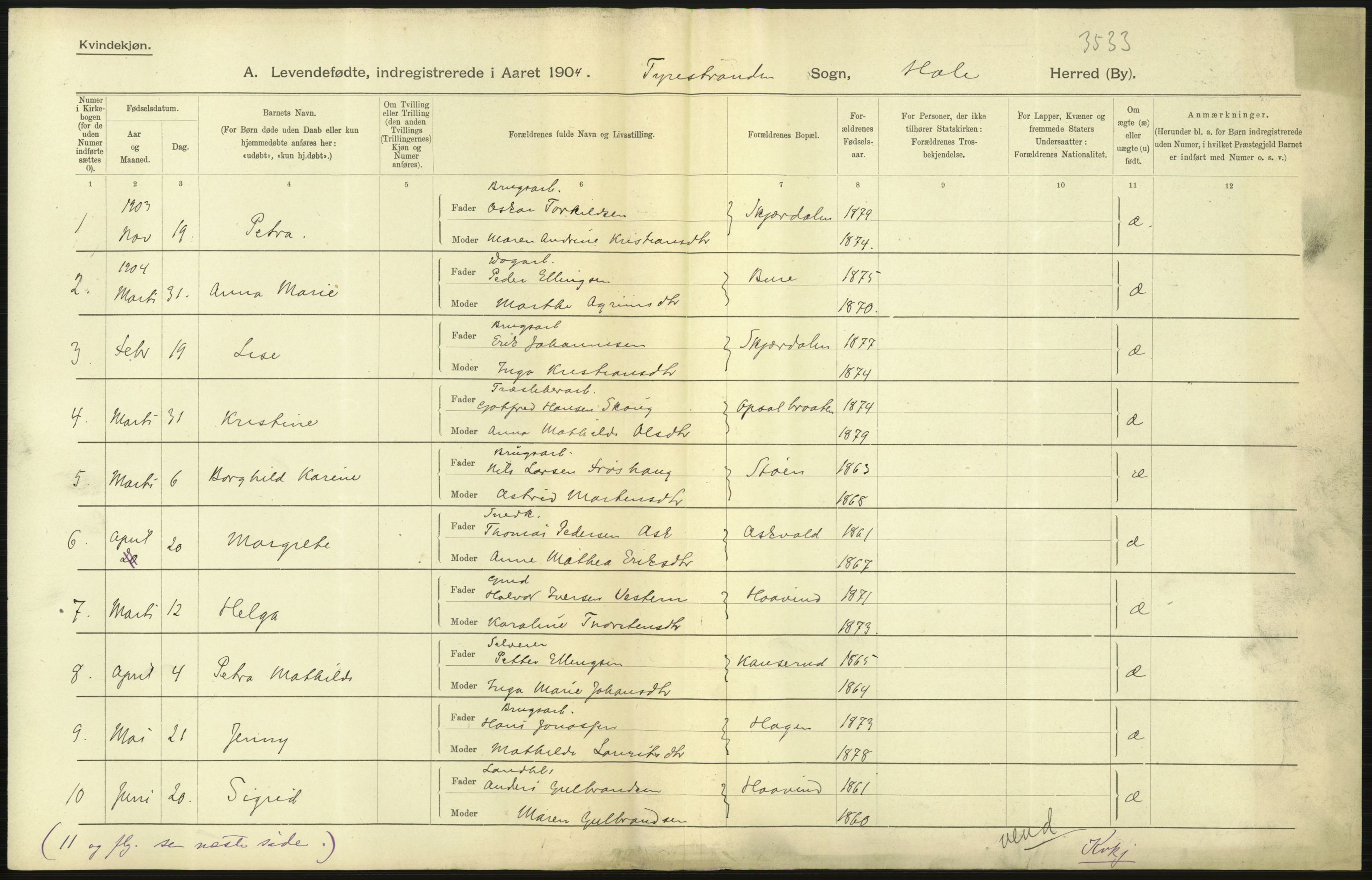 Statistisk sentralbyrå, Sosiodemografiske emner, Befolkning, RA/S-2228/D/Df/Dfa/Dfab/L0007: Buskerud amt: Fødte, gifte, døde, 1904, p. 9