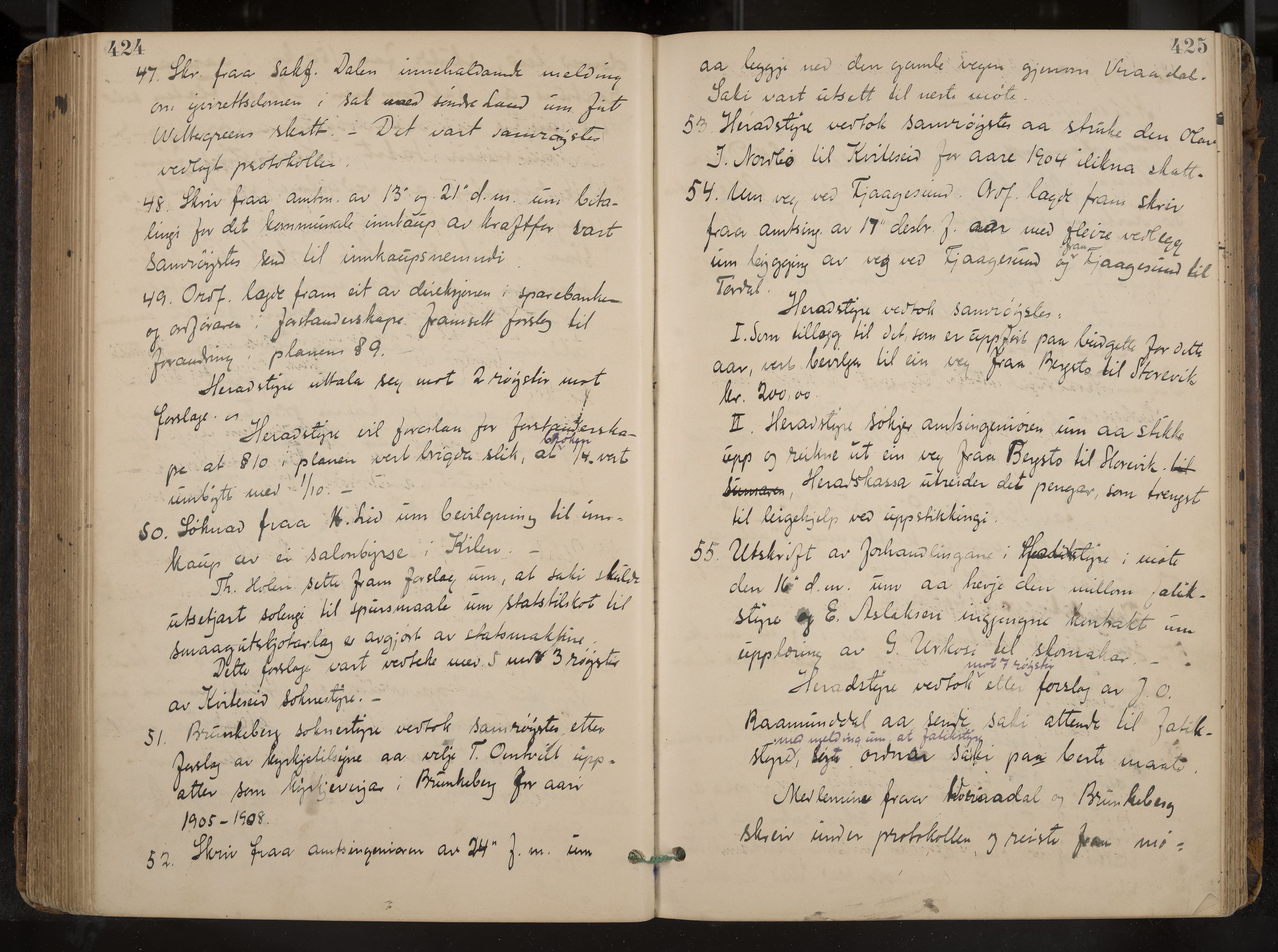 Kviteseid formannskap og sentraladministrasjon, IKAK/0829021/A/Aa/L0004: Møtebok, 1896-1911, p. 424-425