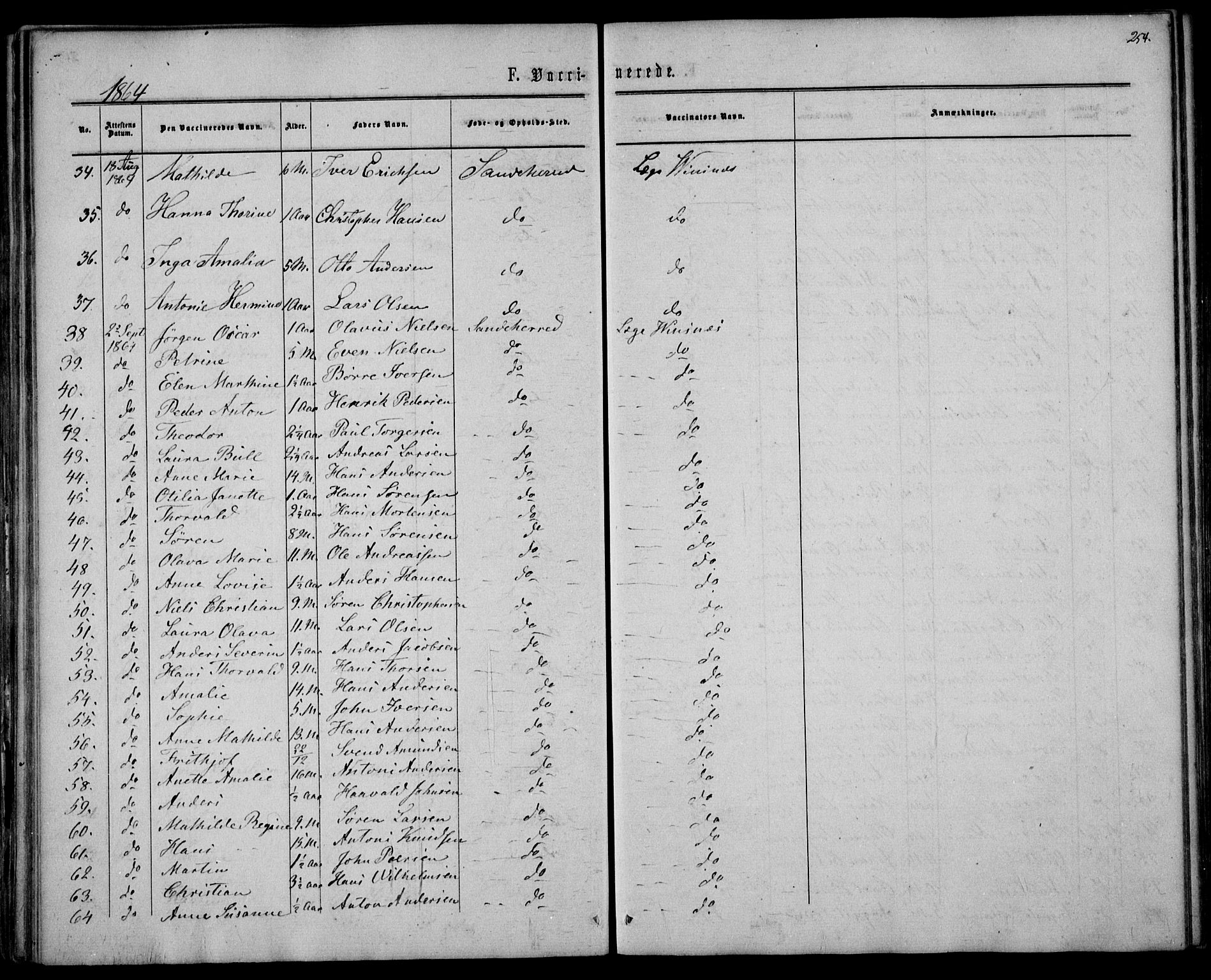 Sandar kirkebøker, AV/SAKO-A-243/F/Fa/L0009: Parish register (official) no. 9, 1862-1871, p. 254