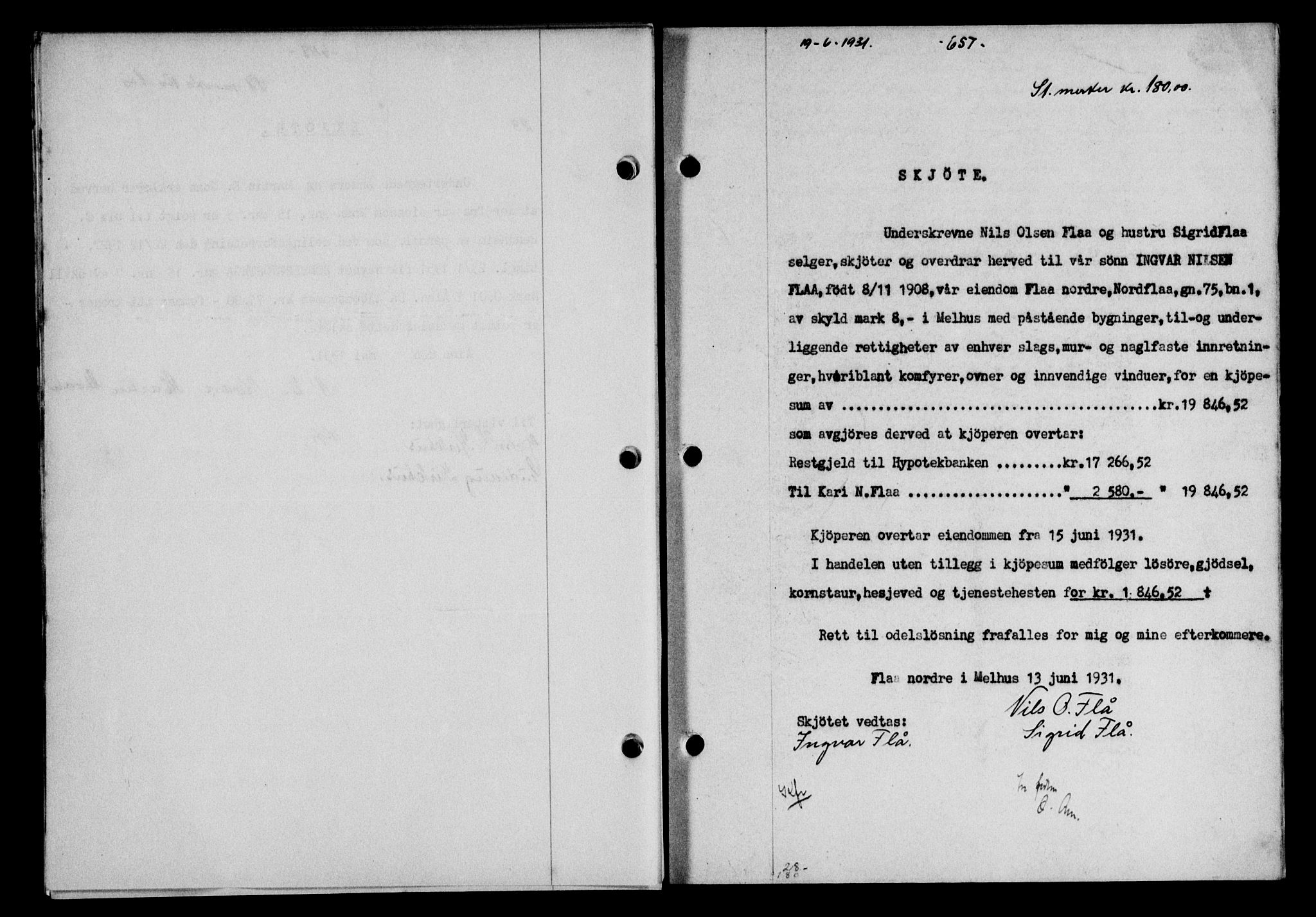 Gauldal sorenskriveri, SAT/A-0014/1/2/2C/L0041: Mortgage book no. 42-43, 1930-1931, Deed date: 19.06.1931
