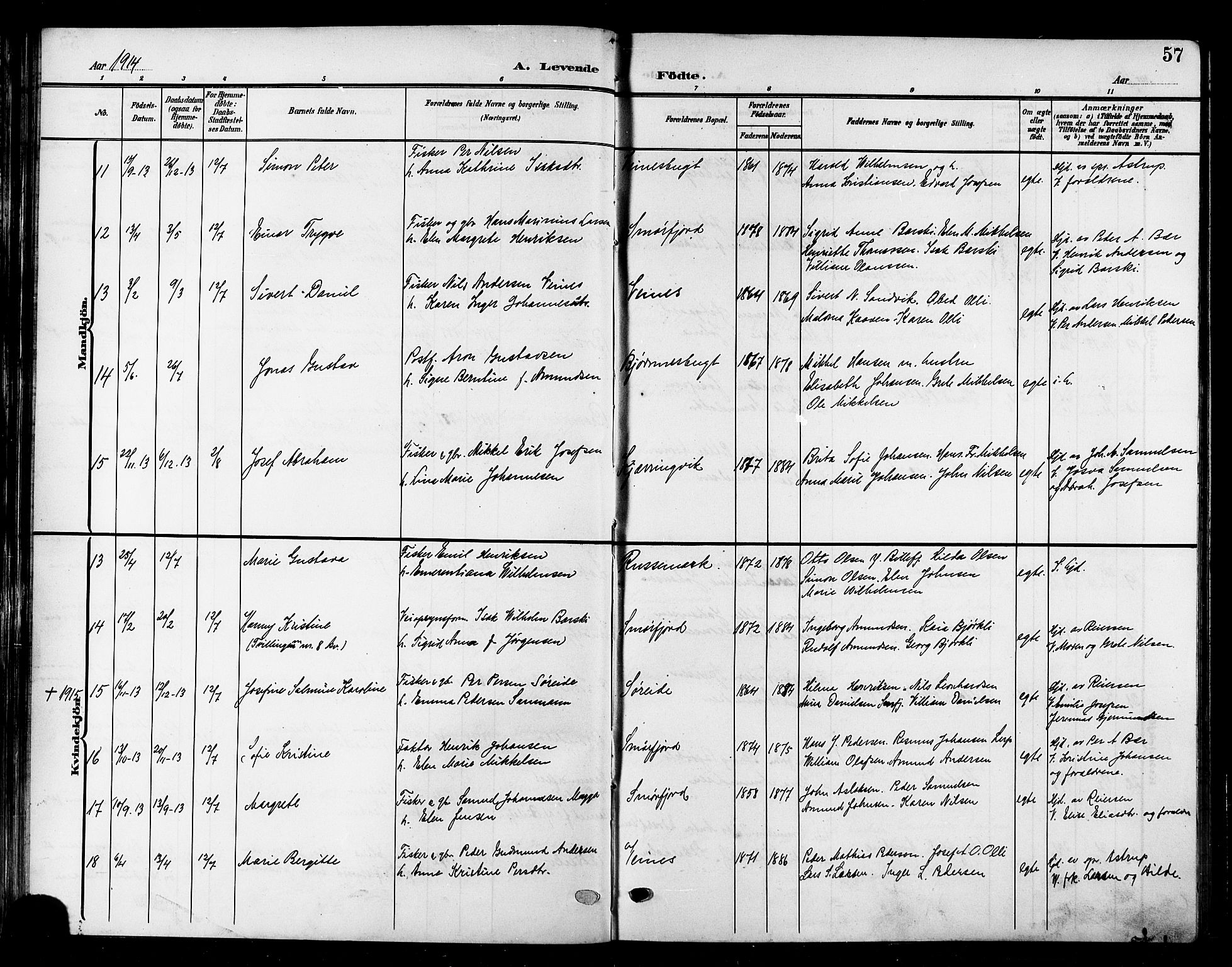 Kistrand/Porsanger sokneprestembete, AV/SATØ-S-1351/H/Hb/L0006.klokk: Parish register (copy) no. 6, 1905-1917, p. 57