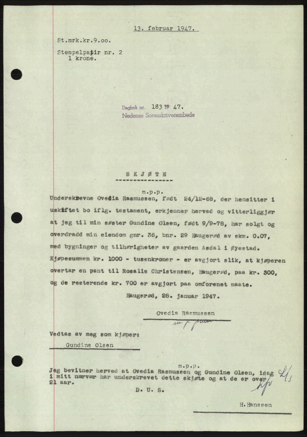 Nedenes sorenskriveri, AV/SAK-1221-0006/G/Gb/Gba/L0056: Mortgage book no. A8, 1946-1947, Diary no: : 183/1947