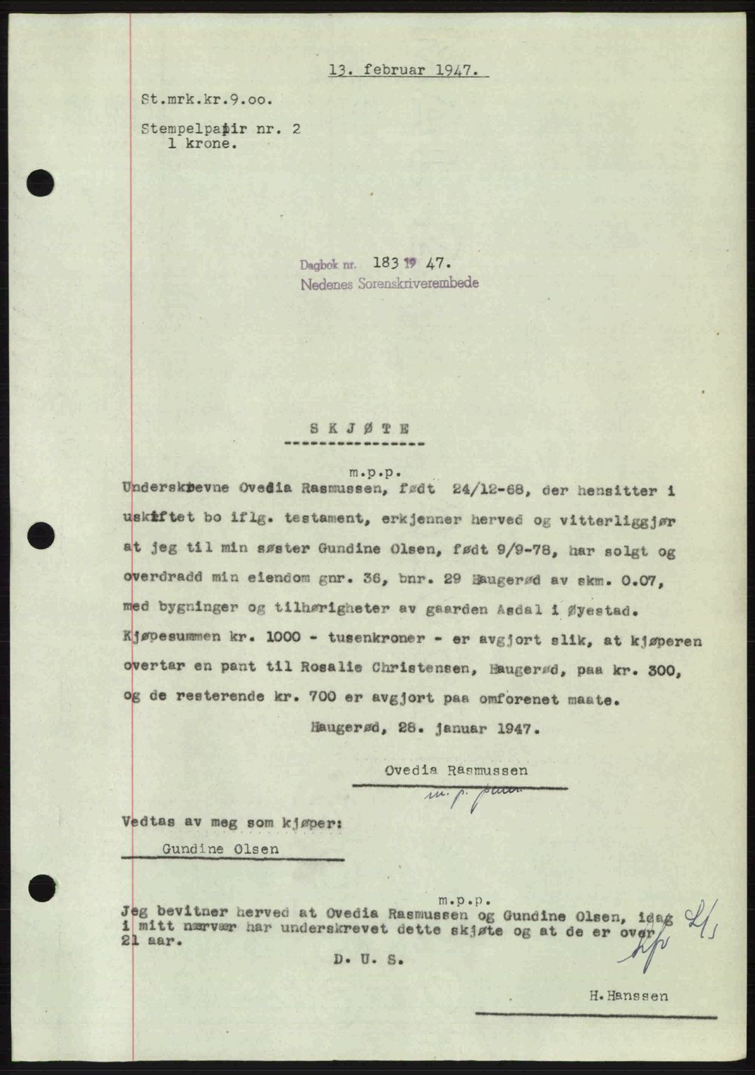 Nedenes sorenskriveri, SAK/1221-0006/G/Gb/Gba/L0056: Mortgage book no. A8, 1946-1947, Diary no: : 183/1947