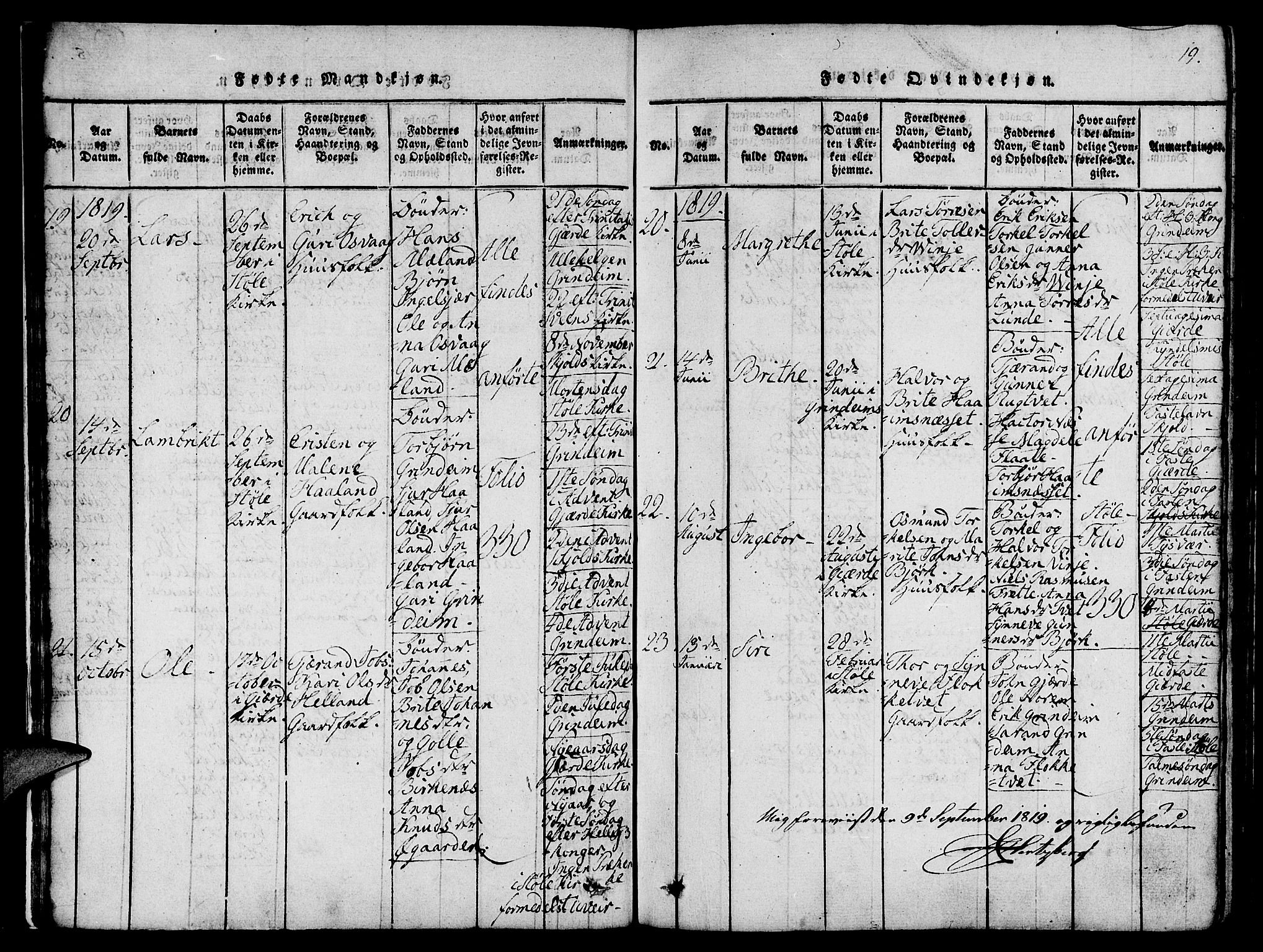 Etne sokneprestembete, AV/SAB-A-75001/H/Haa: Parish register (official) no. A 6, 1815-1831, p. 19