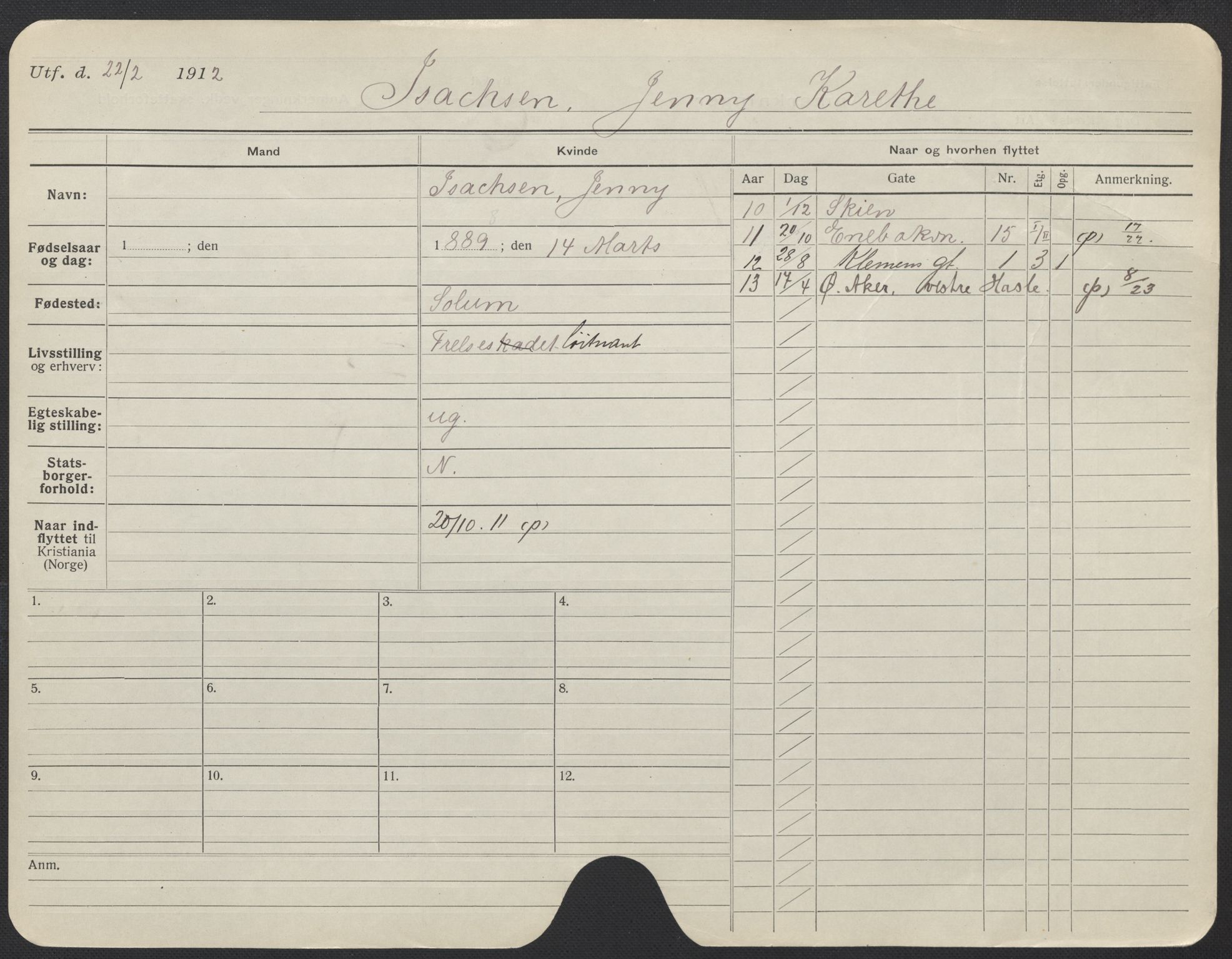 Oslo folkeregister, Registerkort, AV/SAO-A-11715/F/Fa/Fac/L0017: Kvinner, 1906-1914, p. 52a