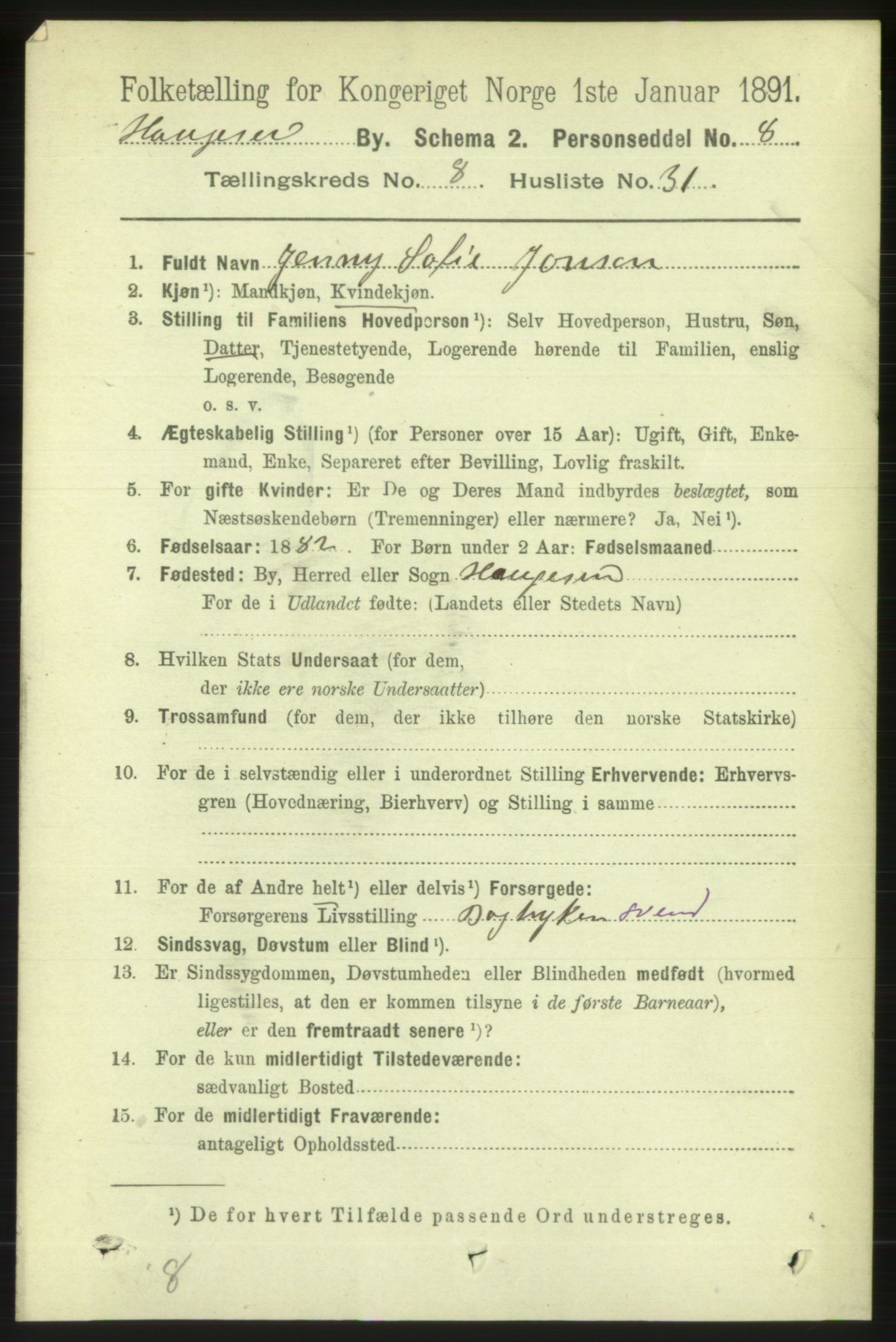 RA, 1891 census for 1106 Haugesund, 1891, p. 3719