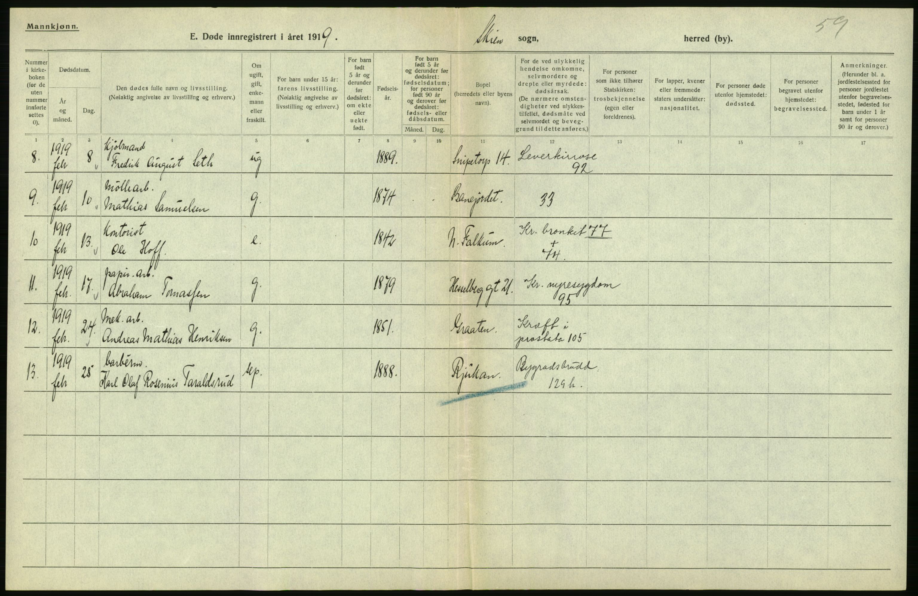 Statistisk sentralbyrå, Sosiodemografiske emner, Befolkning, AV/RA-S-2228/D/Df/Dfb/Dfbi/L0023: Telemark fylke: Døde. Bygder og byer., 1919, p. 390