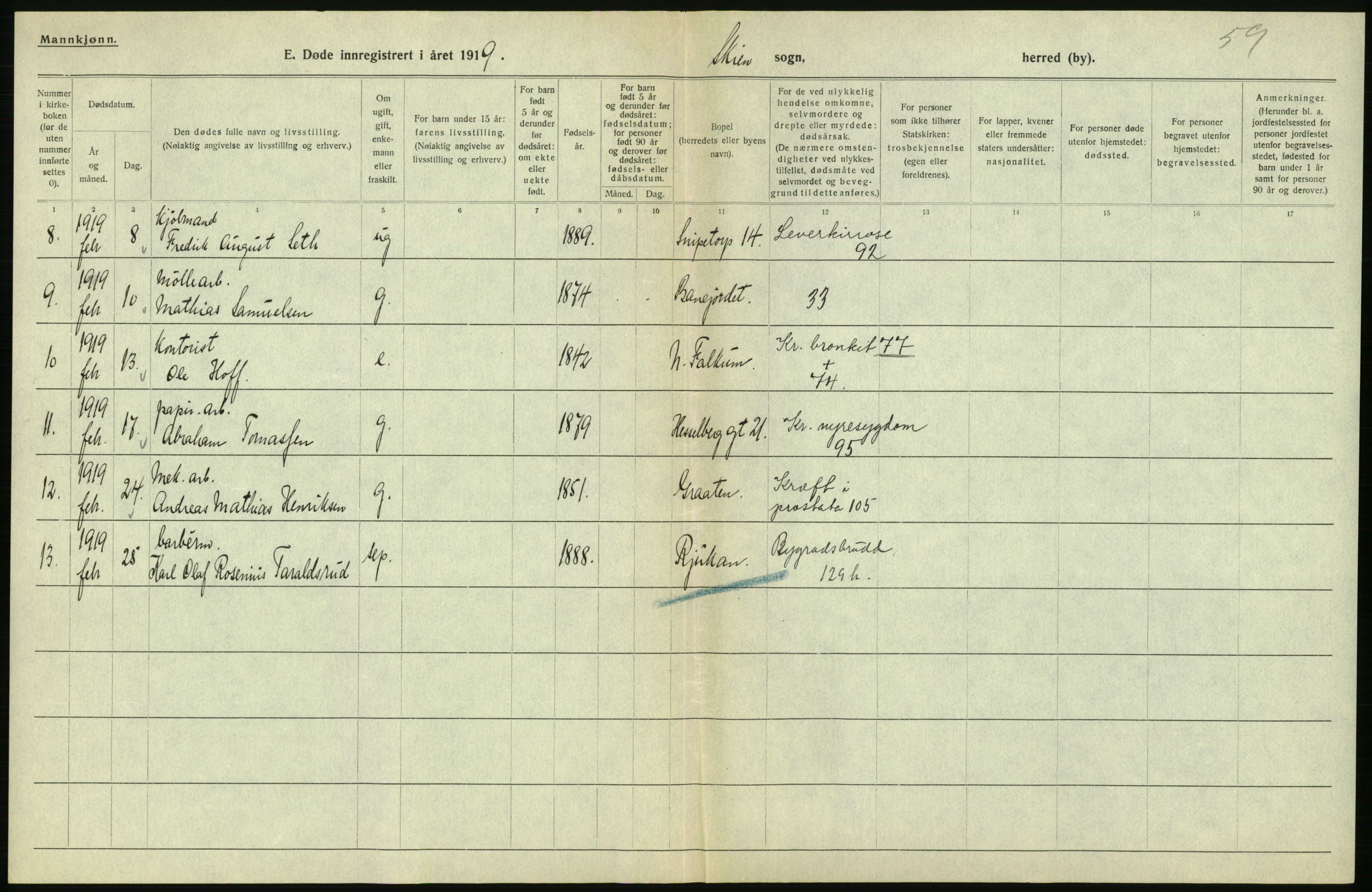 Statistisk sentralbyrå, Sosiodemografiske emner, Befolkning, RA/S-2228/D/Df/Dfb/Dfbi/L0023: Telemark fylke: Døde. Bygder og byer., 1919, p. 390