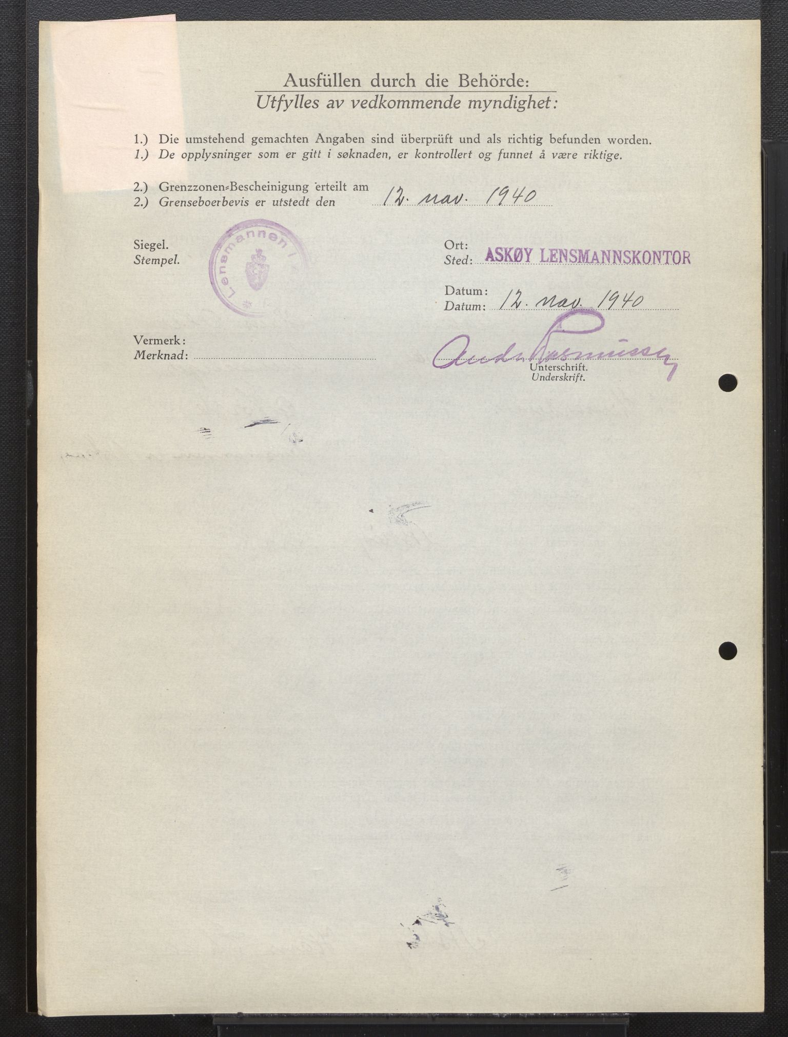 Lensmannen i Askøy, AV/SAB-A-31001/0026/L0009: Søknader om grensebuarbevis 2551 - 2975, 1940, p. 26