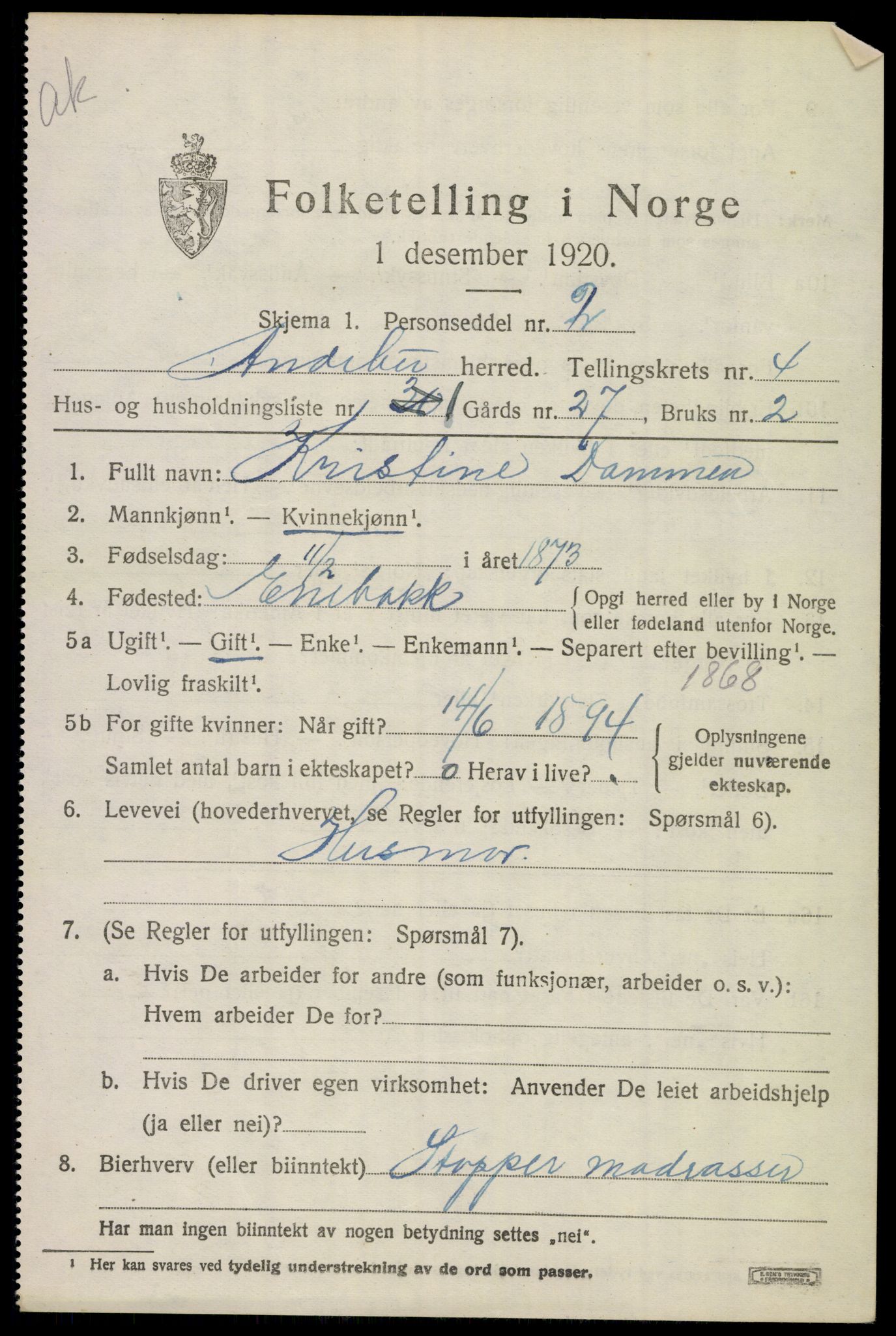 SAKO, 1920 census for Andebu, 1920, p. 2240