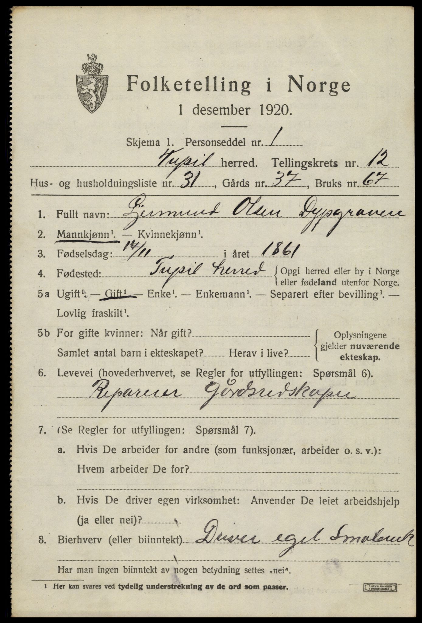 SAH, 1920 census for Trysil, 1920, p. 7547