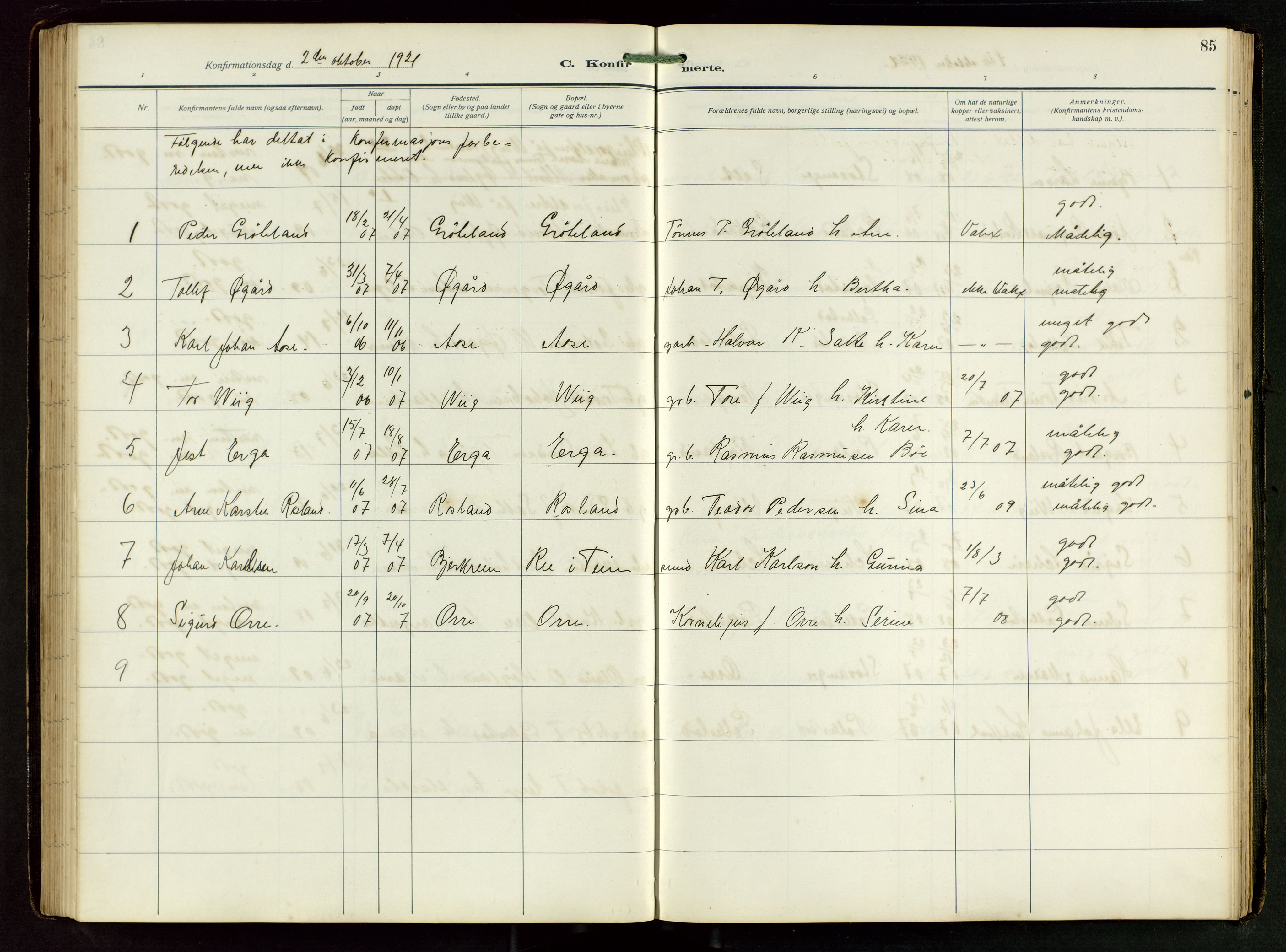 Klepp sokneprestkontor, SAST/A-101803/001/3/30BB/L0008: Parish register (copy) no. B 8, 1918-1949, p. 85