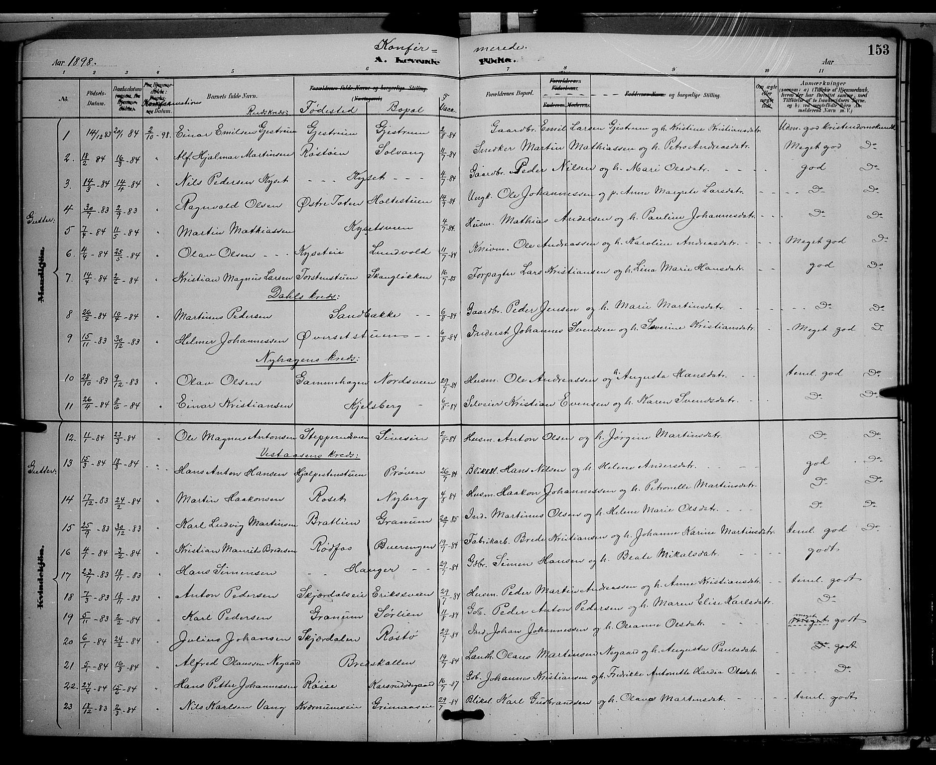 Vestre Toten prestekontor, SAH/PREST-108/H/Ha/Hab/L0009: Parish register (copy) no. 9, 1888-1900, p. 153