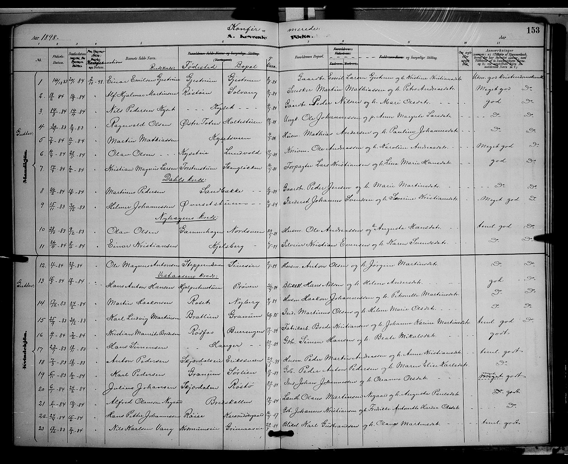 Vestre Toten prestekontor, AV/SAH-PREST-108/H/Ha/Hab/L0009: Parish register (copy) no. 9, 1888-1900, p. 153