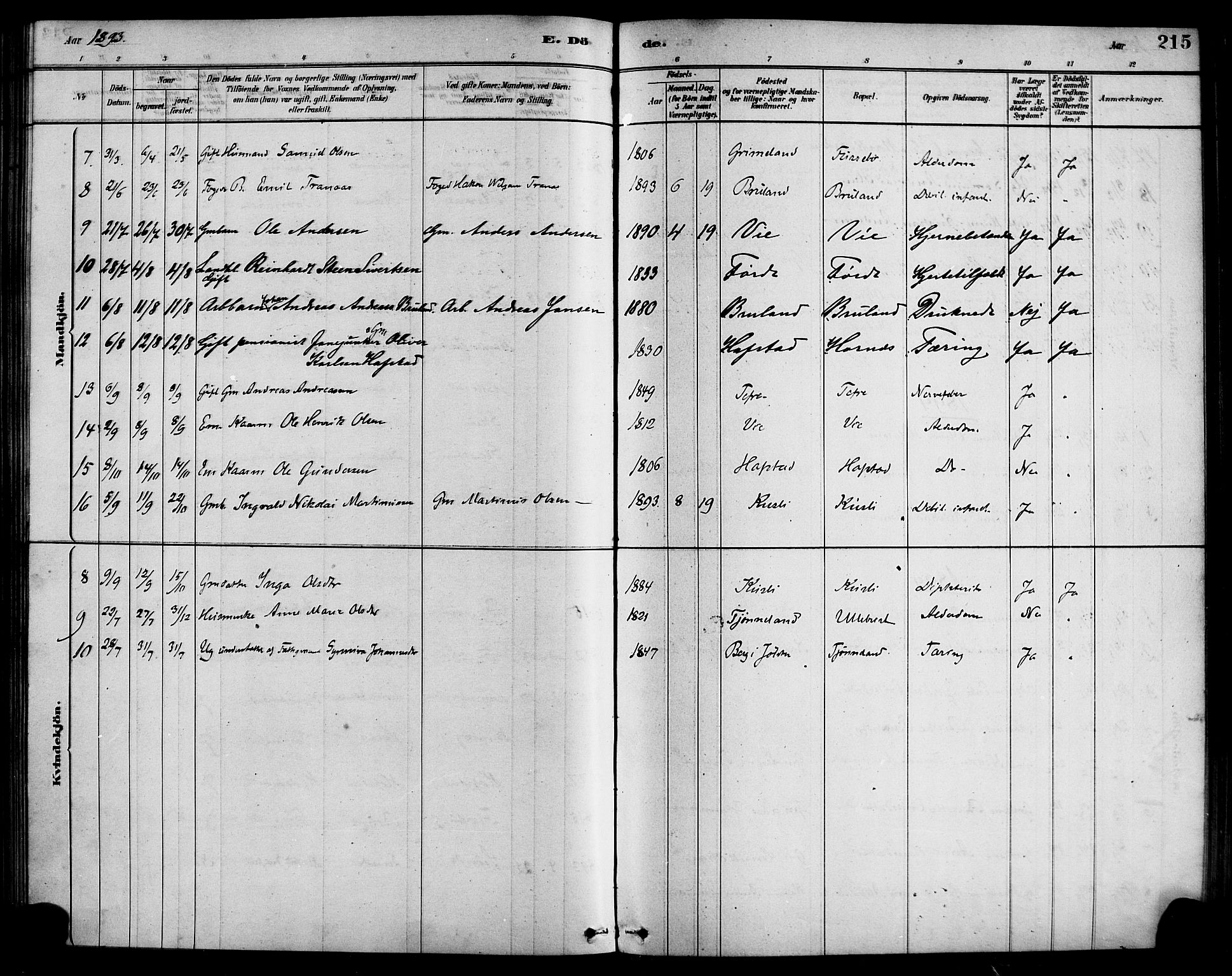 Førde sokneprestembete, AV/SAB-A-79901/H/Haa/Haab/L0001: Parish register (official) no. B 1, 1880-1898, p. 215