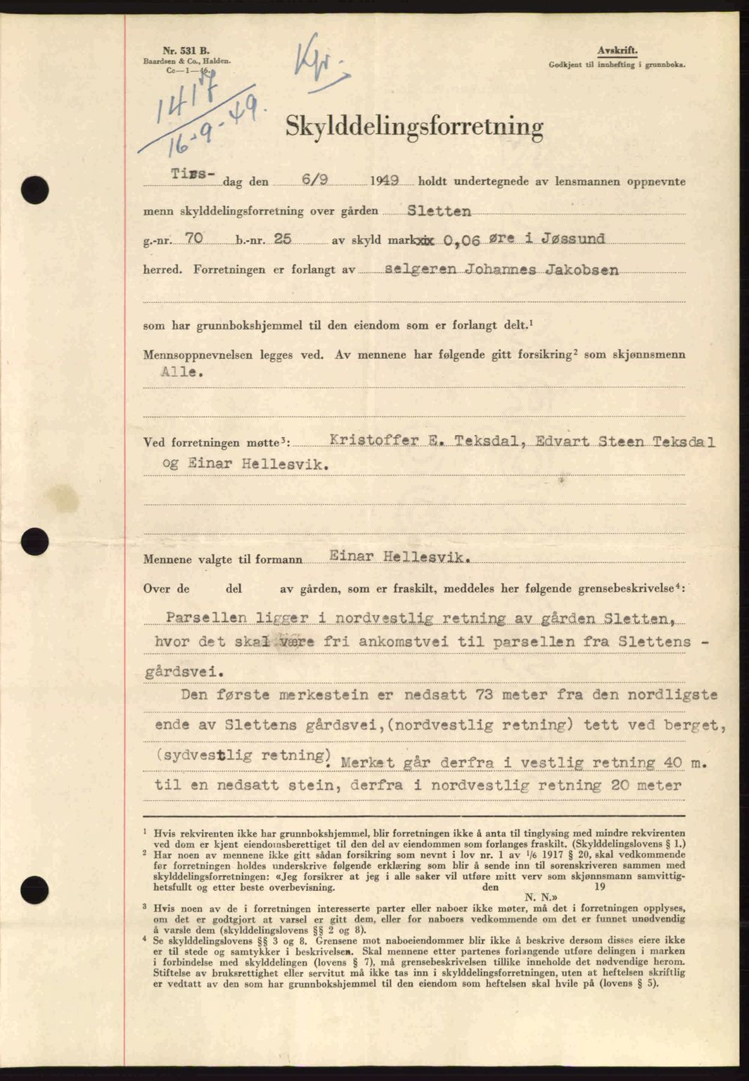 Fosen sorenskriveri, AV/SAT-A-1107/1/2/2C: Mortgage book no. A10, 1949-1950, Diary no: : 1417/1949