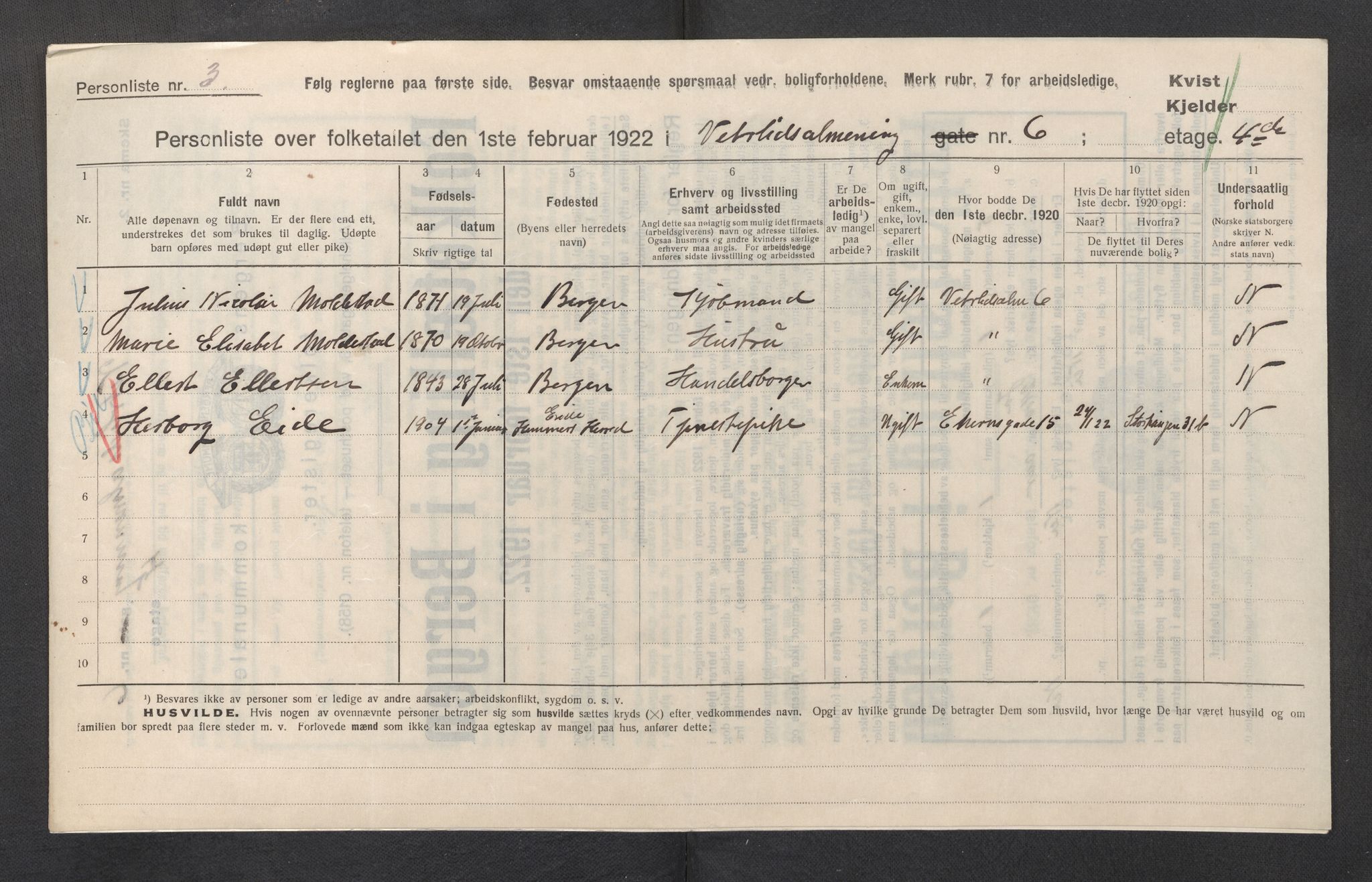 SAB, Municipal Census 1922 for Bergen, 1922, p. 46178