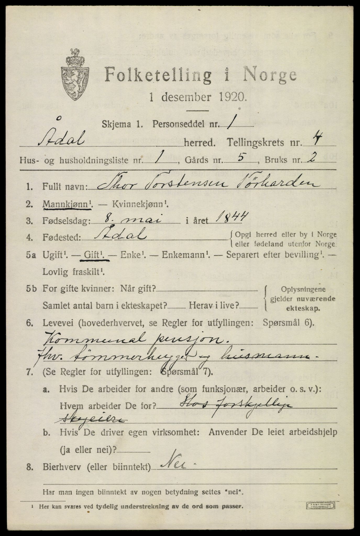 SAKO, 1920 census for Ådal, 1920, p. 3620