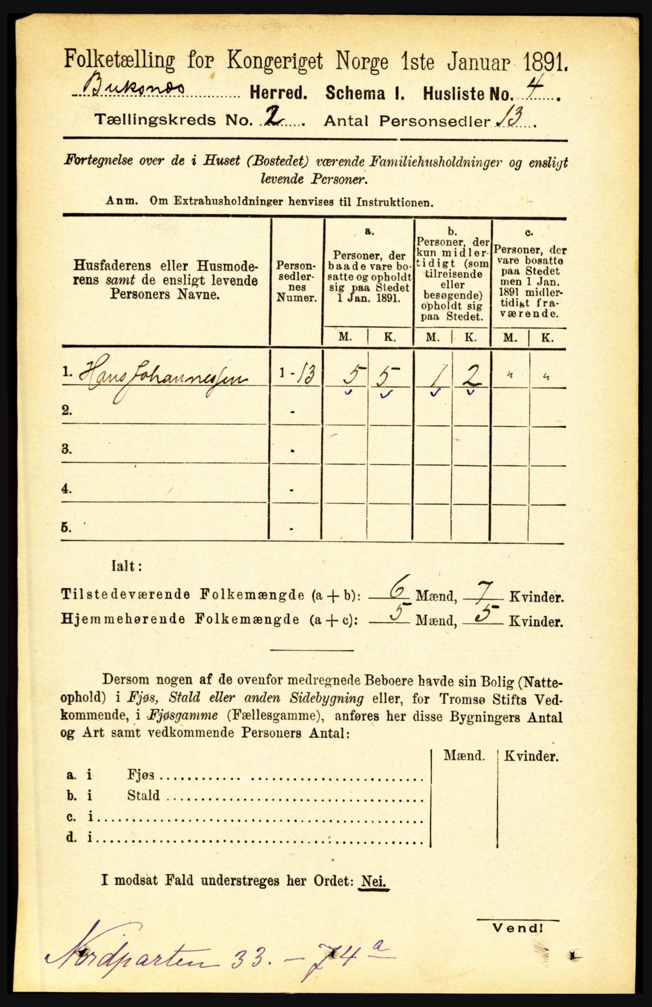 RA, 1891 census for 1860 Buksnes, 1891, p. 1524