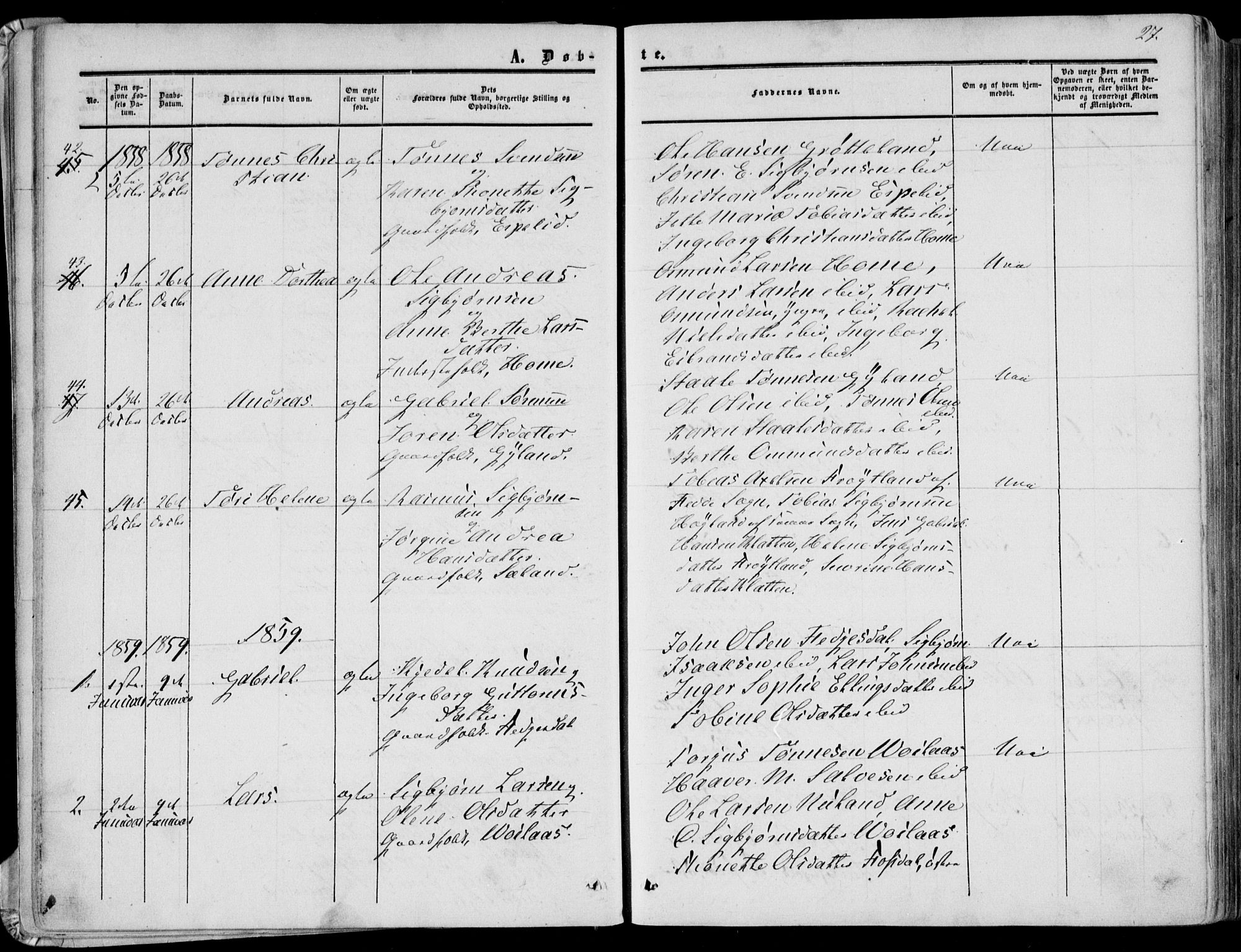 Bakke sokneprestkontor, SAK/1111-0002/F/Fa/Fab/L0002: Parish register (official) no. A 2, 1855-1884, p. 27