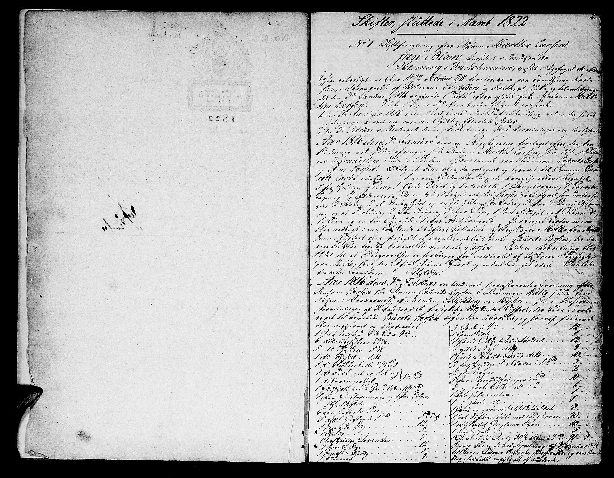 Trondheim byfogd, AV/SAT-A-0003/1/3/3A/L0026: Skifteprotokoll - gml.nr.22. (m/ register) U, 1816-1825, p. 1b-2a