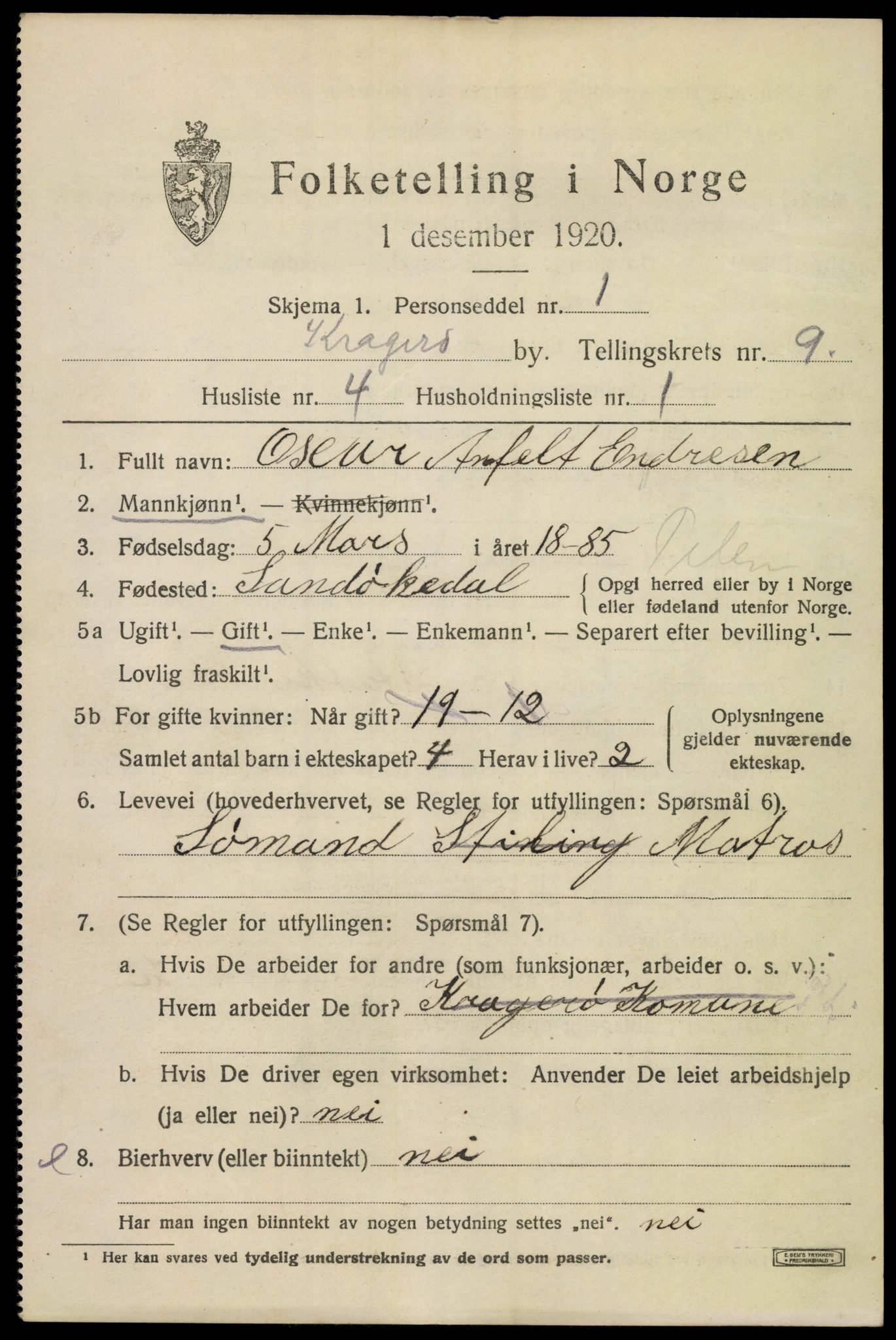 SAKO, 1920 census for Kragerø, 1920, p. 11987