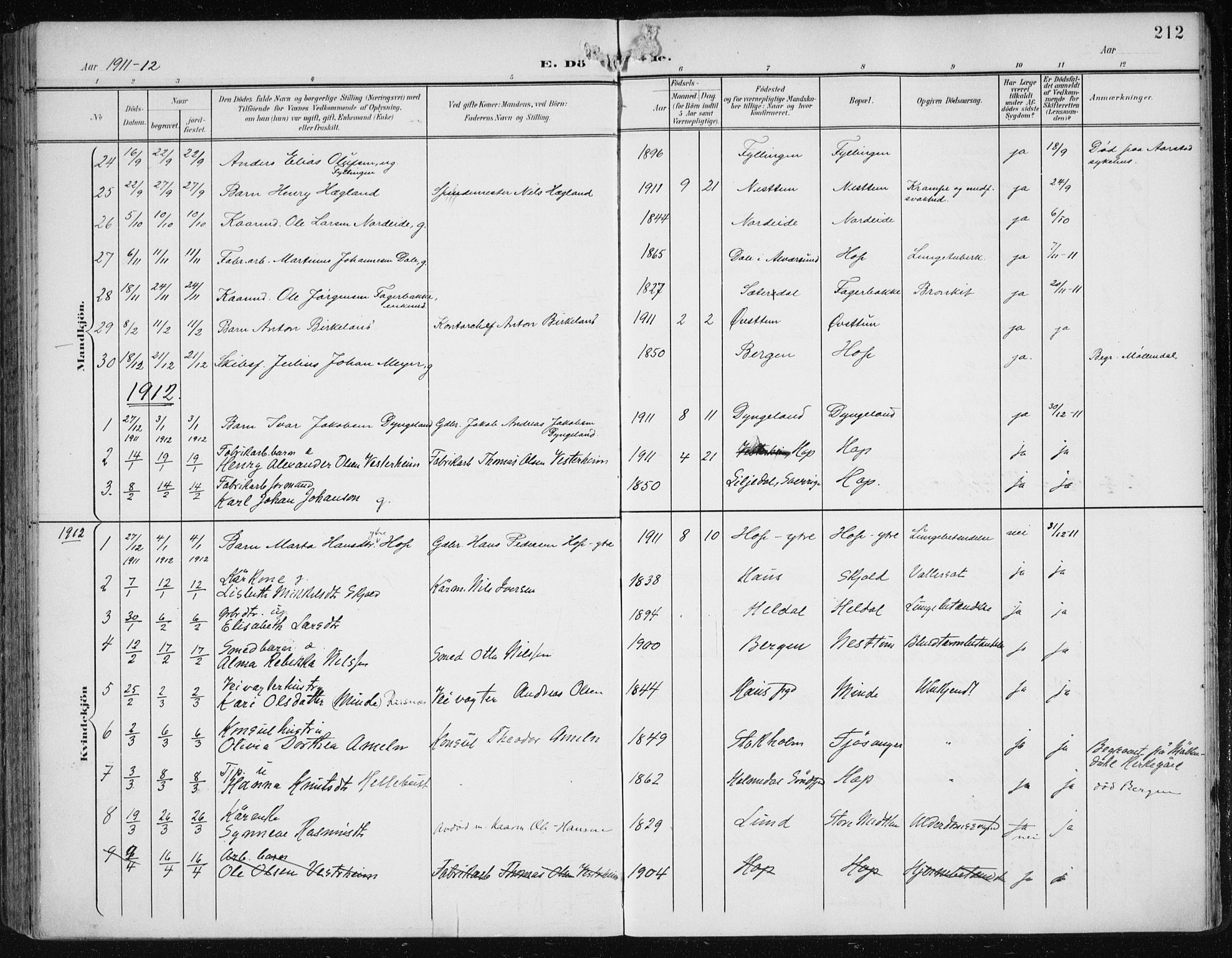 Fana Sokneprestembete, SAB/A-75101/H/Haa/Haai/L0003: Parish register (official) no. I 3, 1900-1912, p. 212