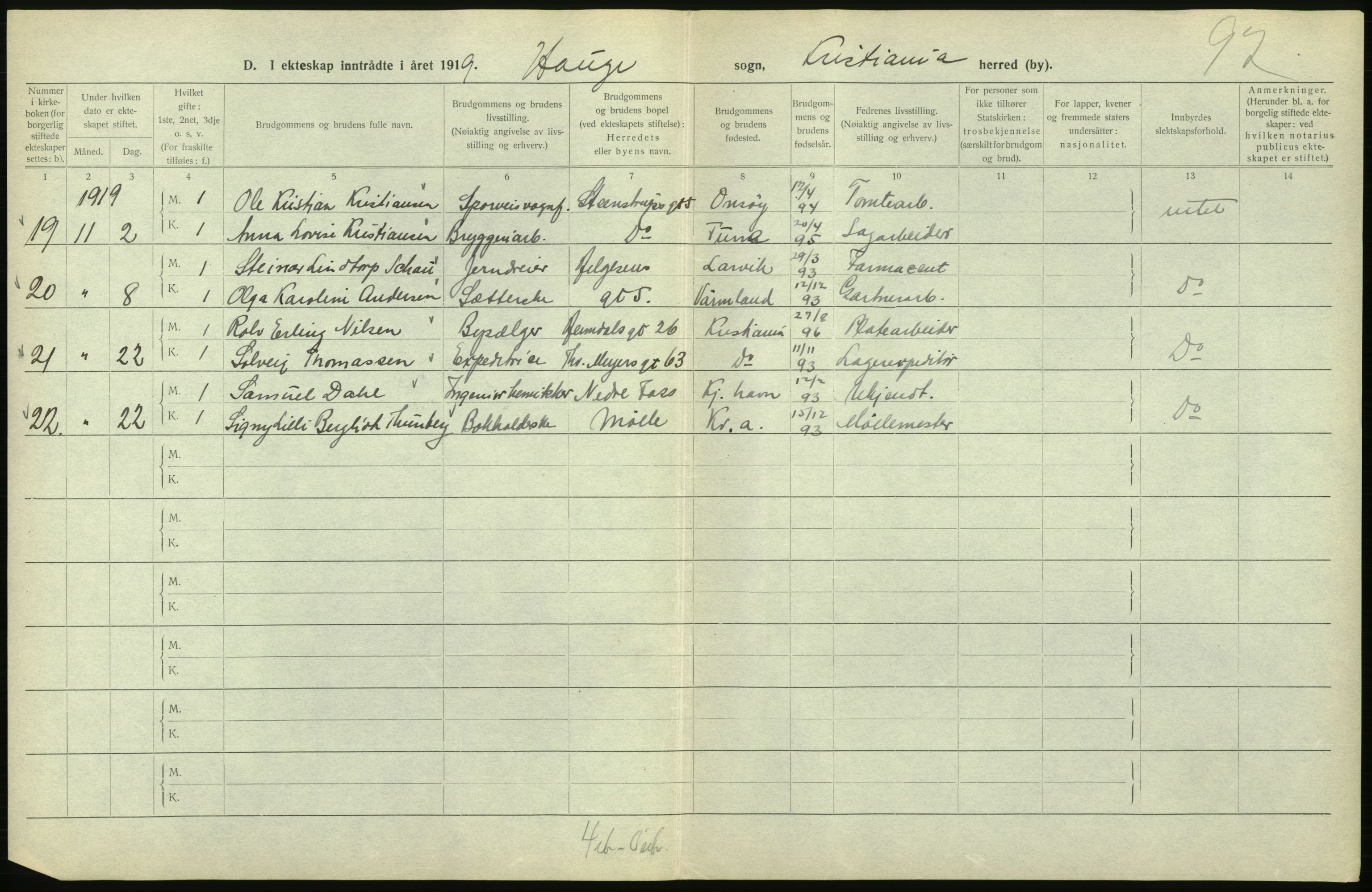 Statistisk sentralbyrå, Sosiodemografiske emner, Befolkning, AV/RA-S-2228/D/Df/Dfb/Dfbi/L0009: Kristiania: Gifte, 1919, p. 652