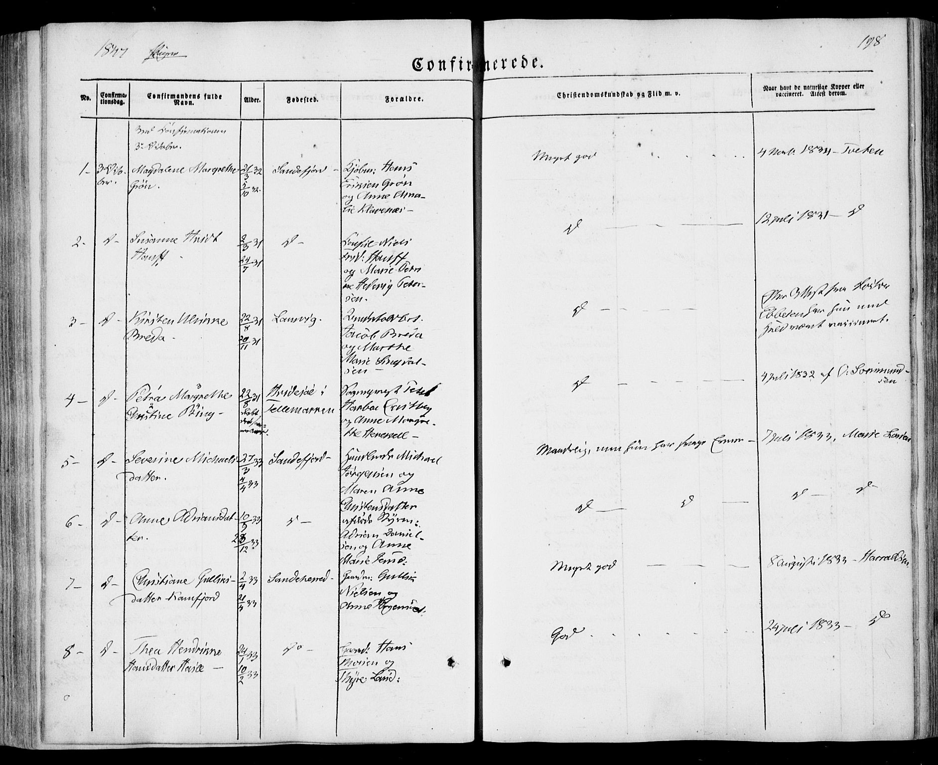 Sandar kirkebøker, SAKO/A-243/F/Fa/L0006: Parish register (official) no. 6, 1847-1860, p. 198