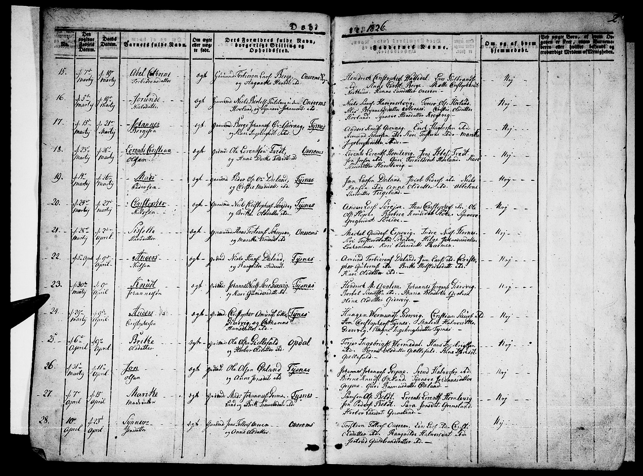 Tysnes sokneprestembete, AV/SAB-A-78601/H/Haa: Parish register (official) no. A 8, 1826-1837, p. 2