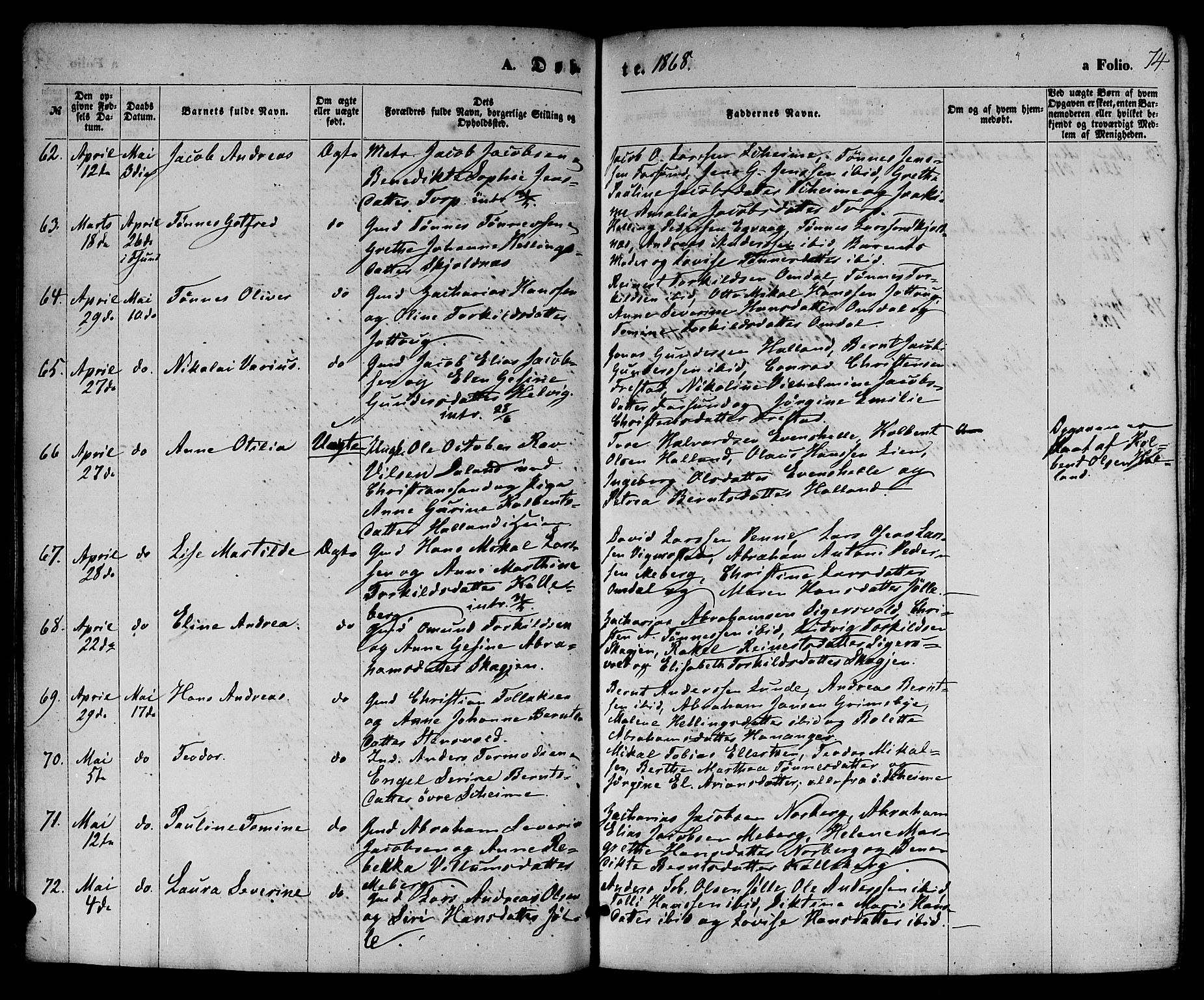 Lista sokneprestkontor, AV/SAK-1111-0027/F/Fb/L0003: Parish register (copy) no. B 3, 1862-1877, p. 74