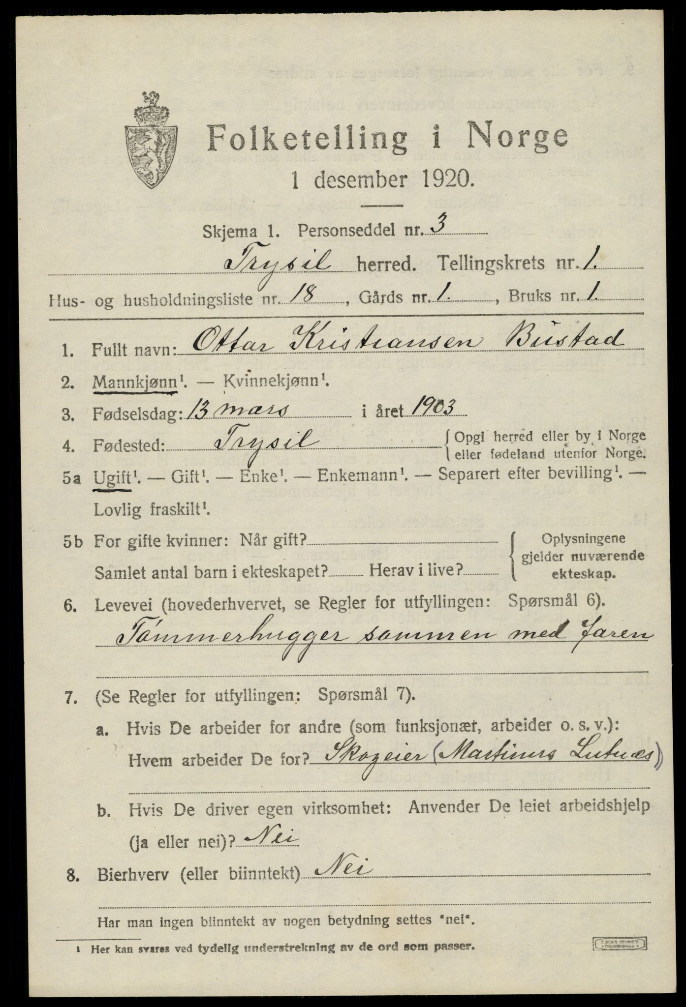 SAH, 1920 census for Trysil, 1920, p. 2765