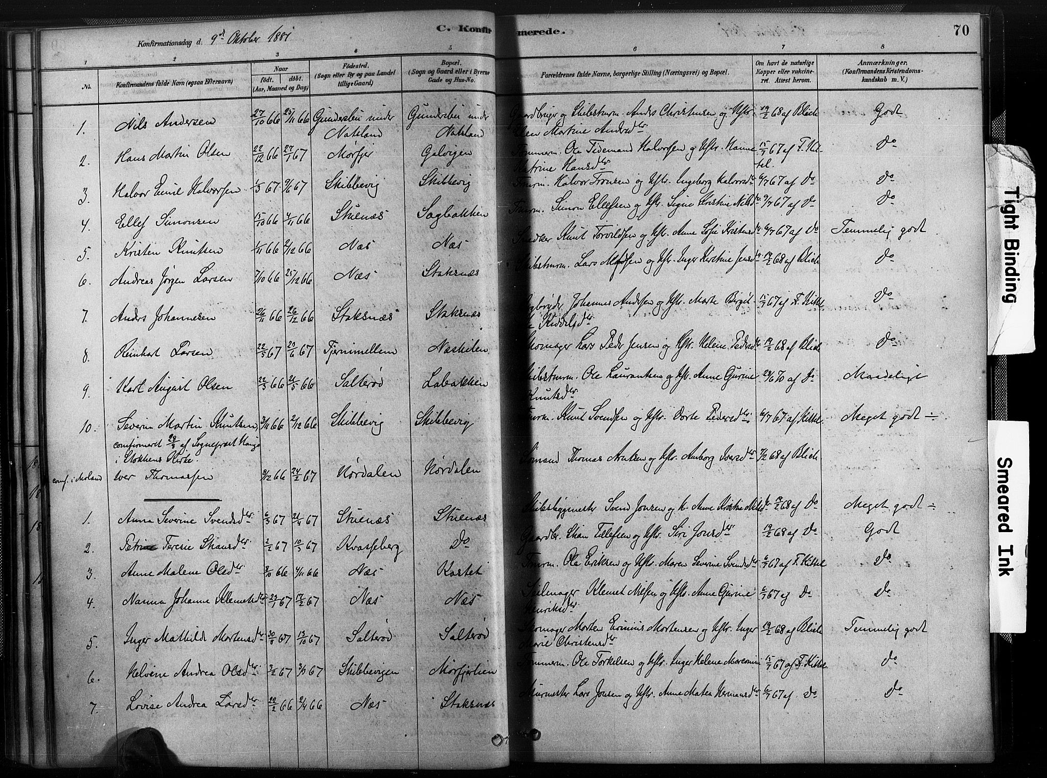 Austre Moland sokneprestkontor, SAK/1111-0001/F/Fa/Fab/L0001: Parish register (official) no. A 1, 1878-1898, p. 70