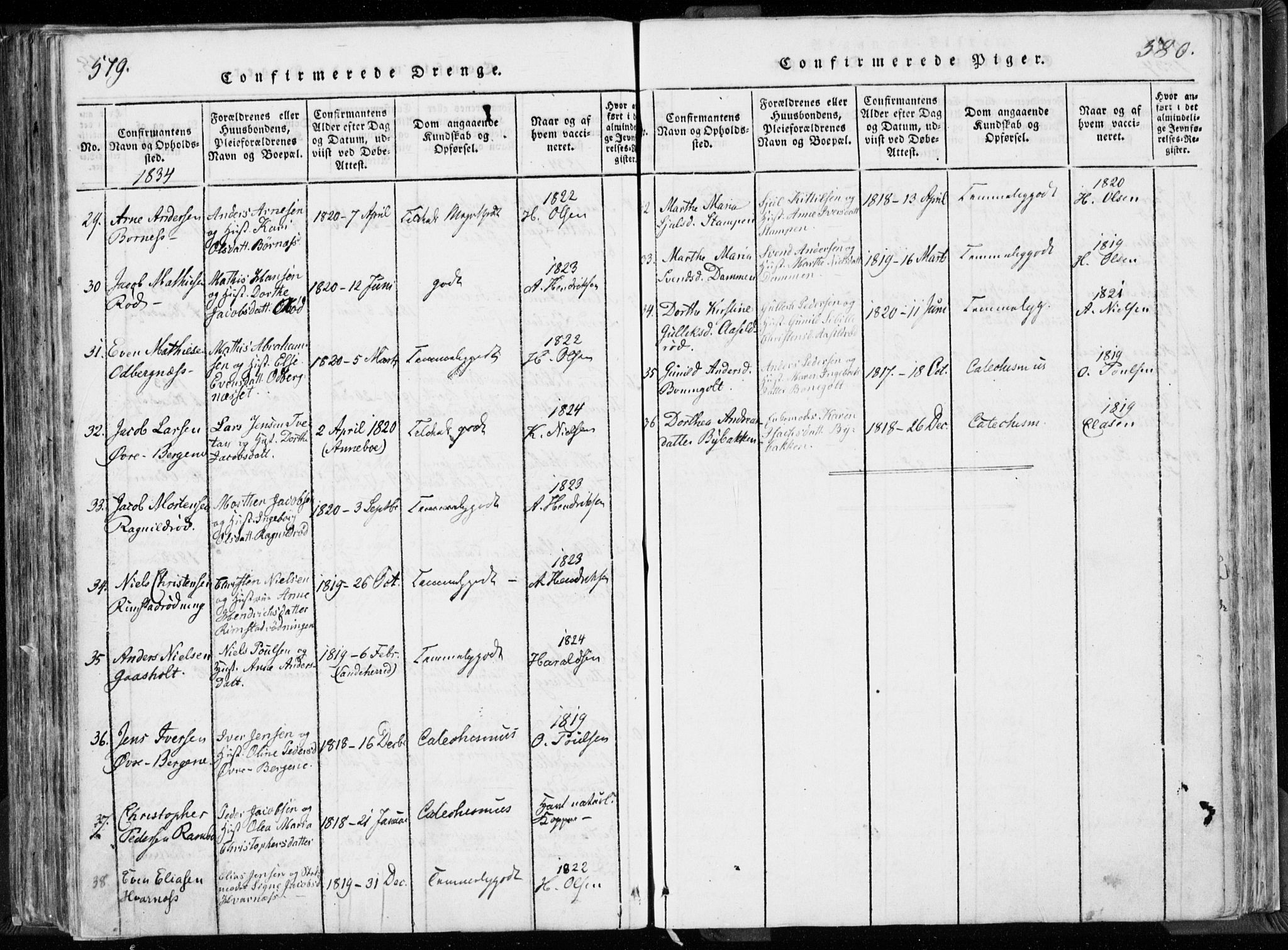 Hedrum kirkebøker, AV/SAKO-A-344/F/Fa/L0004: Parish register (official) no. I 4, 1817-1835, p. 579-580