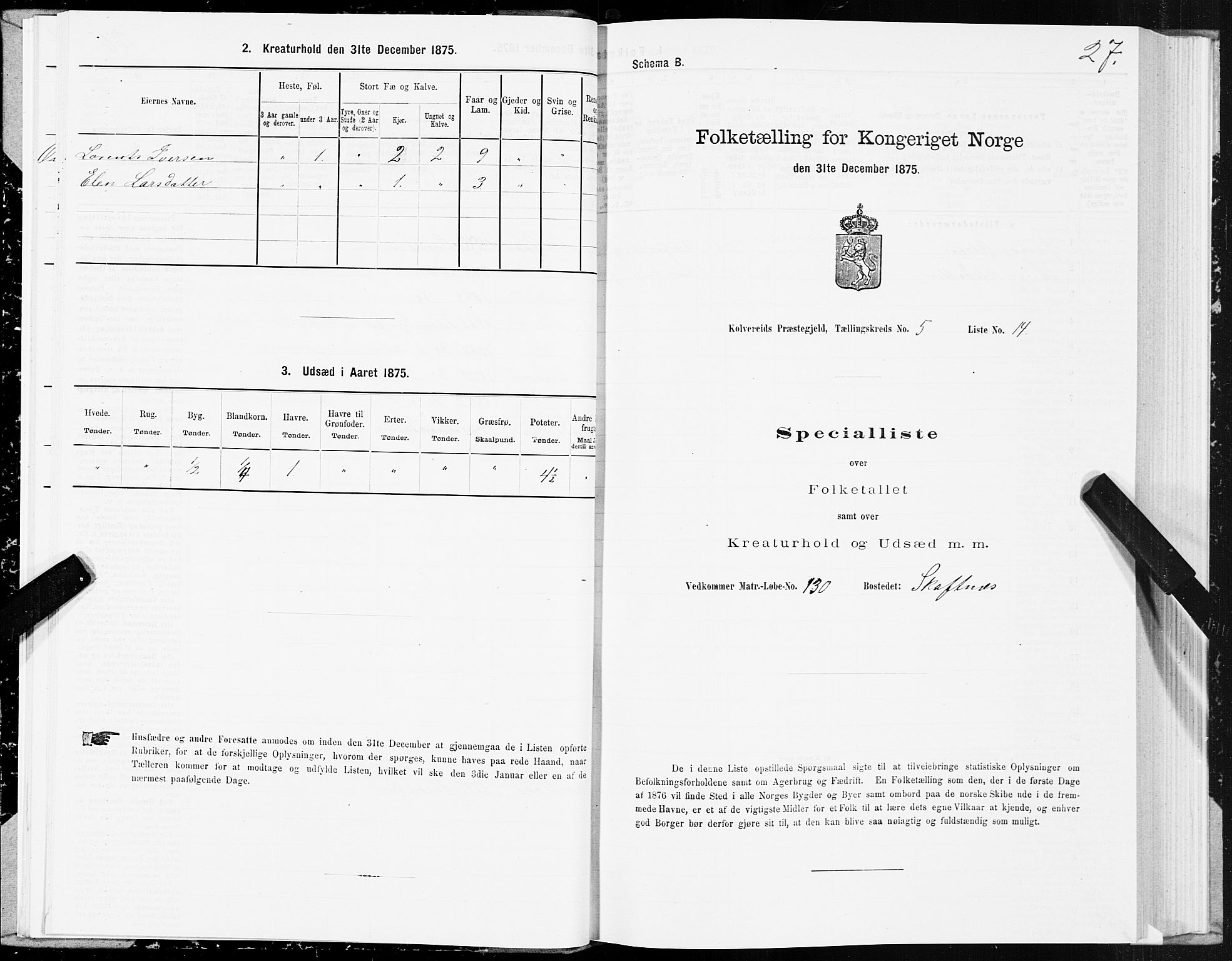 SAT, 1875 census for 1752P Kolvereid, 1875, p. 3027