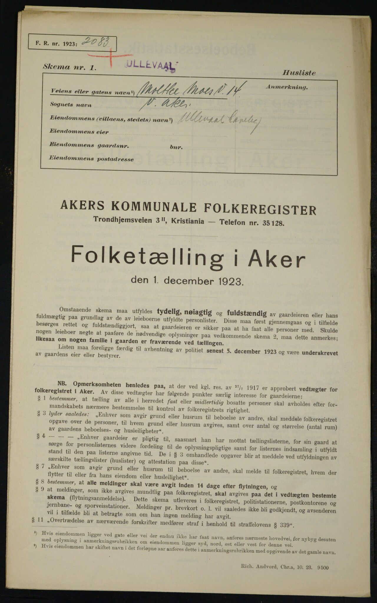 , Municipal Census 1923 for Aker, 1923, p. 21457