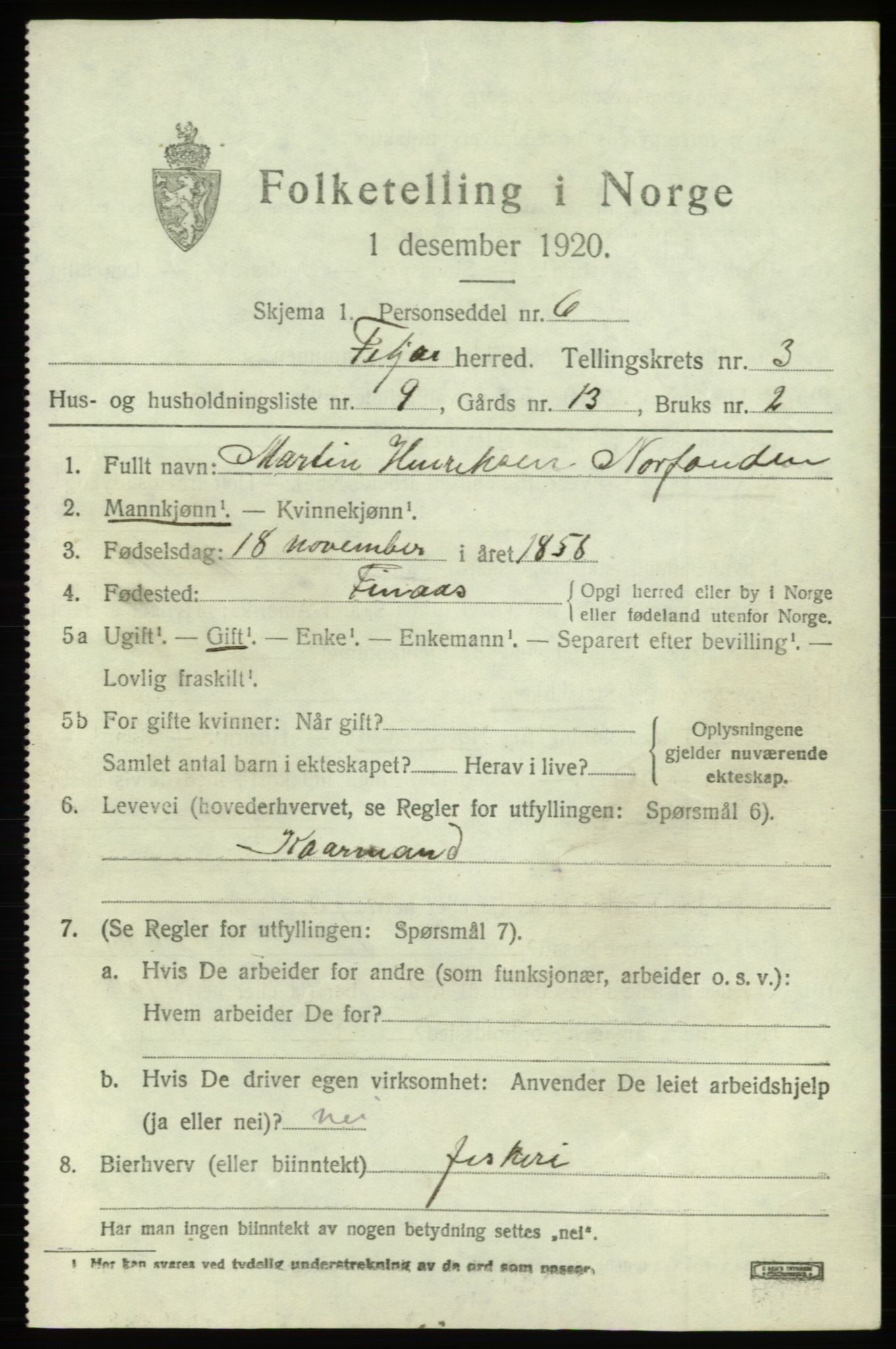 SAB, 1920 census for Fitjar, 1920, p. 2186