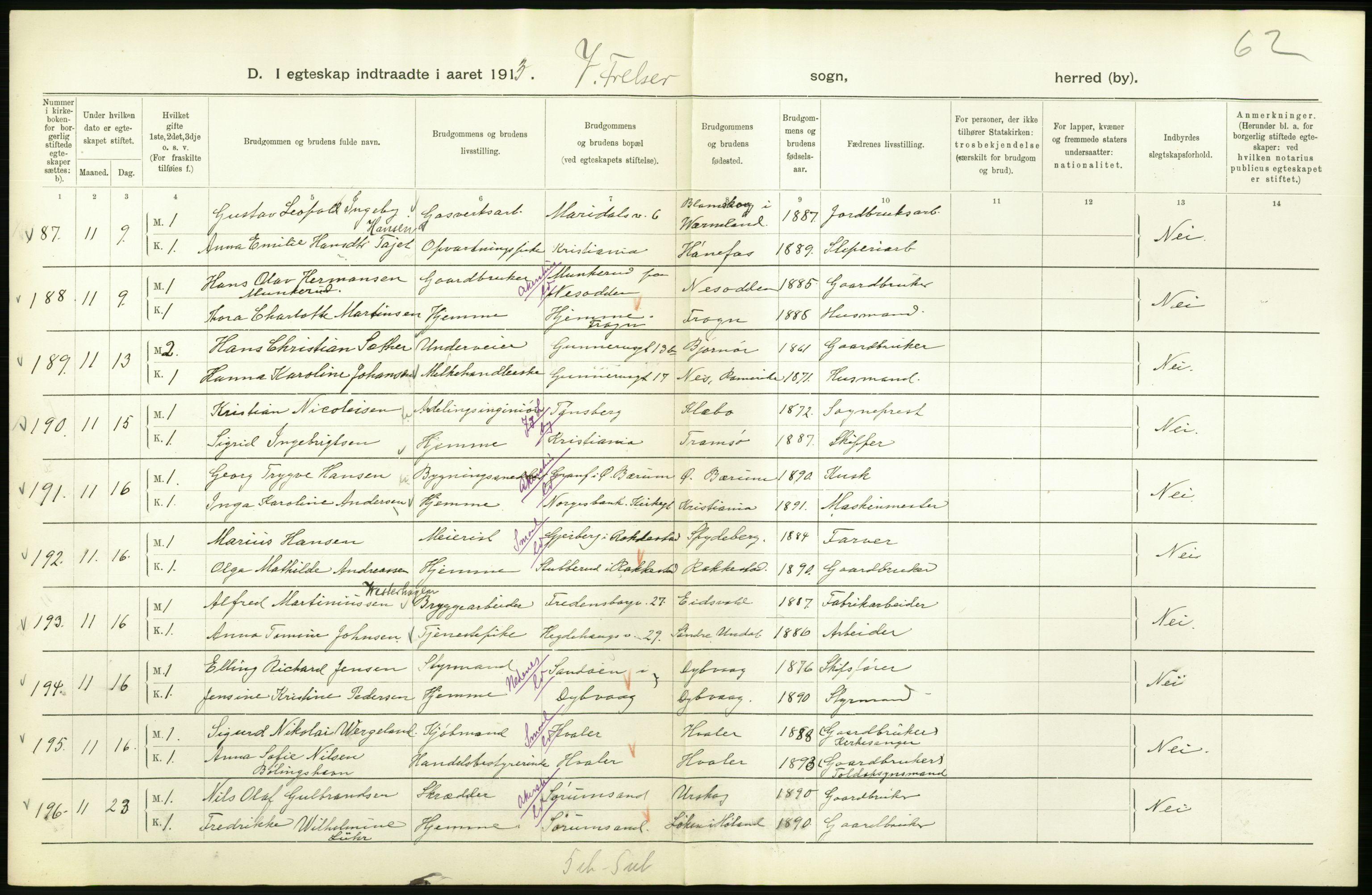 Statistisk sentralbyrå, Sosiodemografiske emner, Befolkning, AV/RA-S-2228/D/Df/Dfb/Dfbc/L0008: Kristiania: Gifte., 1913, p. 780