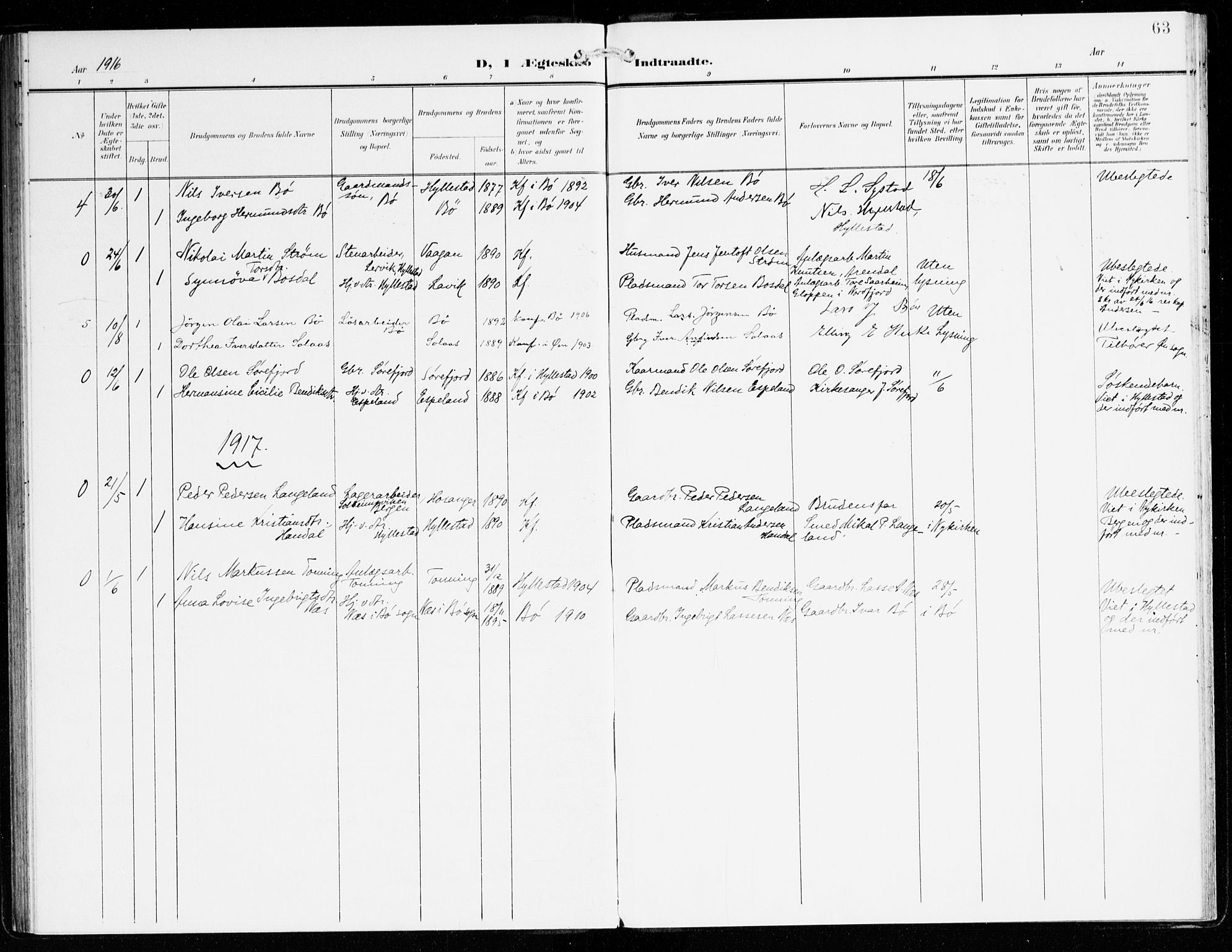 Hyllestad sokneprestembete, SAB/A-80401: Parish register (official) no. C 2, 1904-1917, p. 63