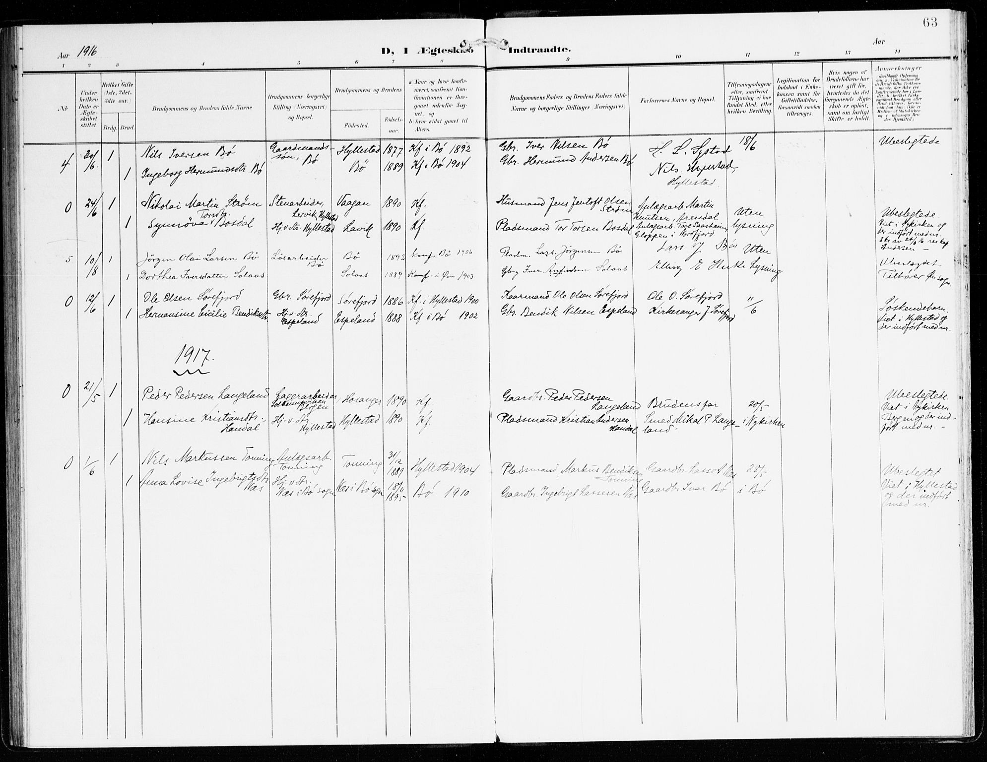 Hyllestad sokneprestembete, AV/SAB-A-80401: Parish register (official) no. C 2, 1904-1917, p. 63