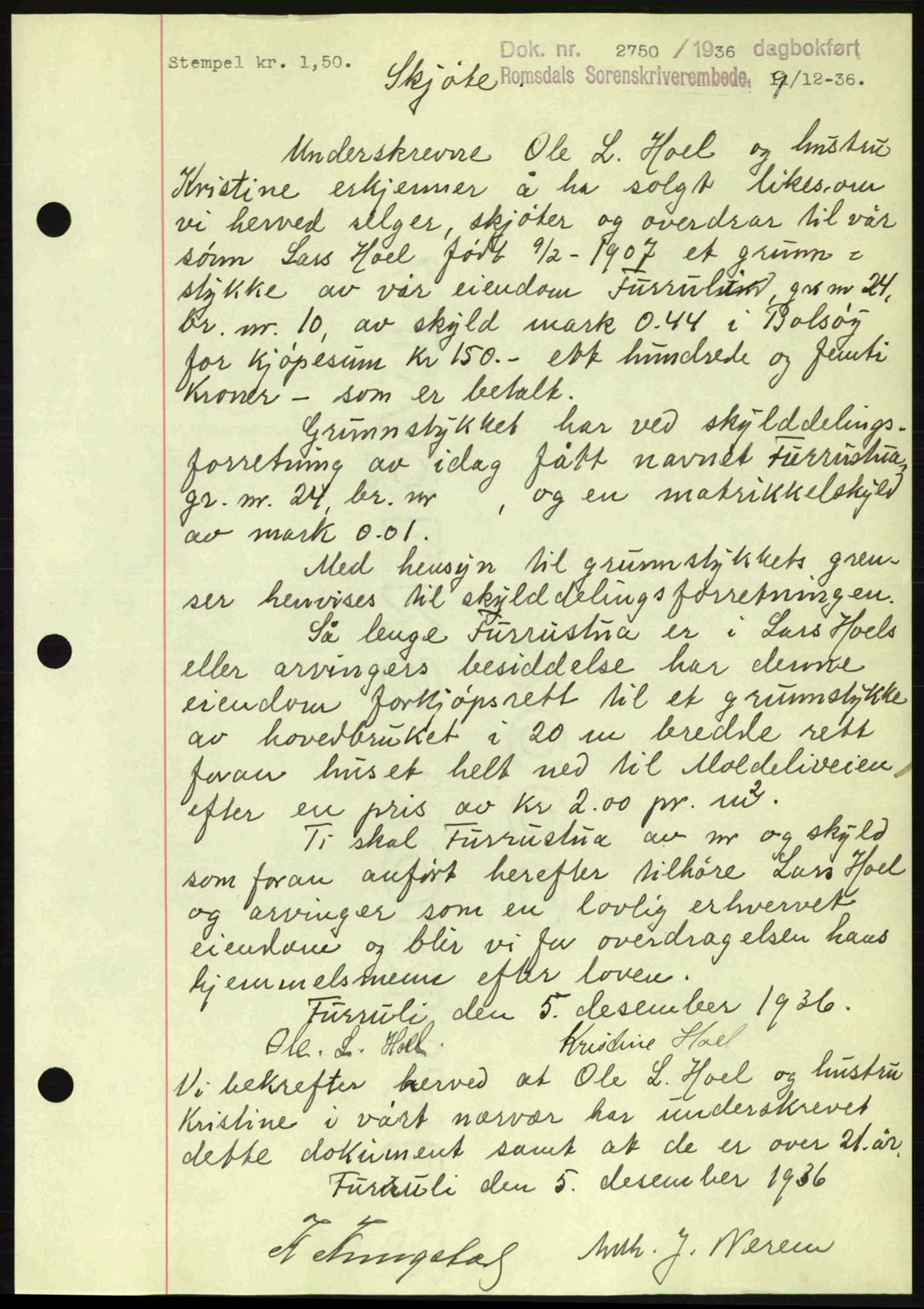Romsdal sorenskriveri, SAT/A-4149/1/2/2C: Mortgage book no. A2, 1936-1937, Diary no: : 2750/1936