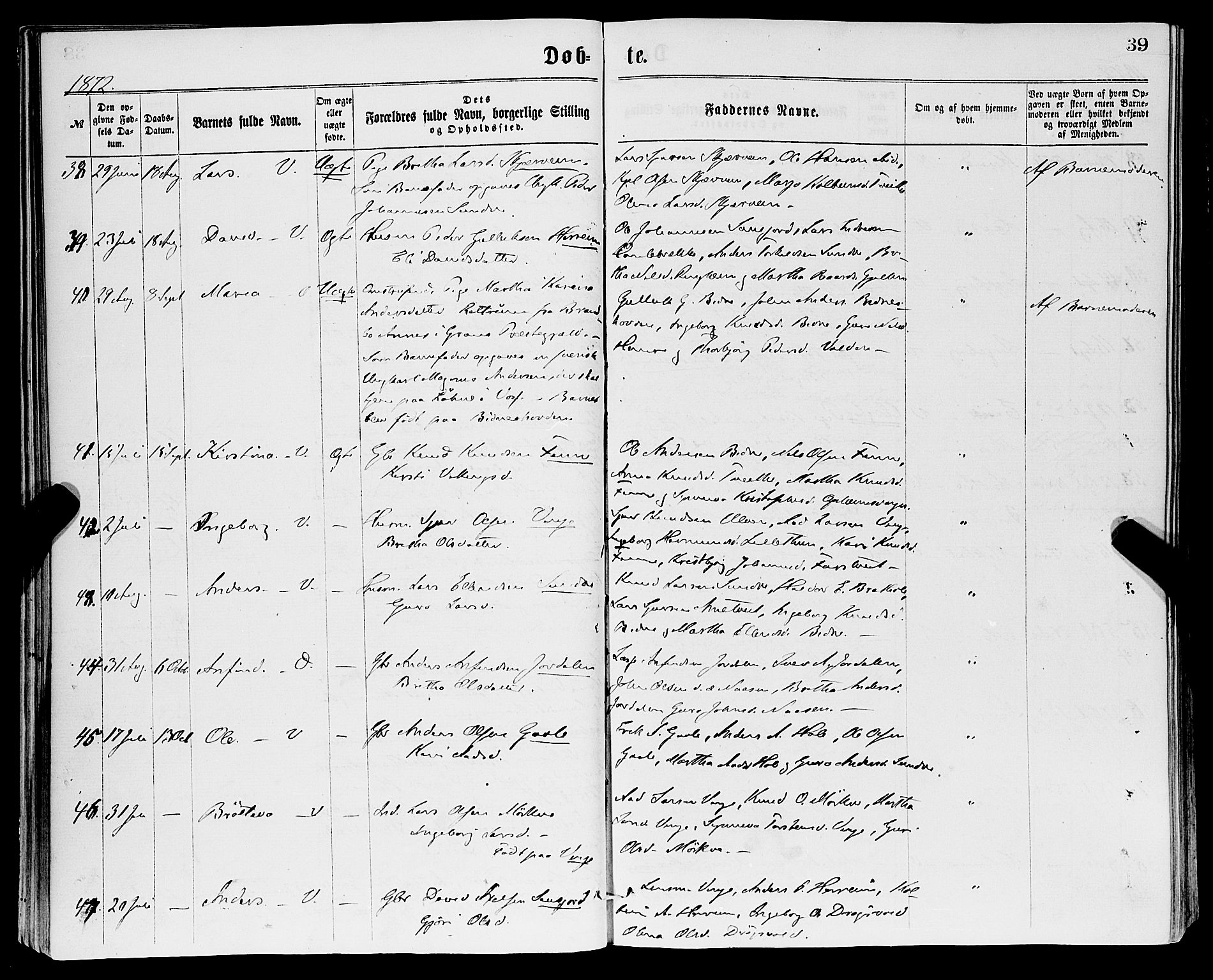 Vossestrand Sokneprestembete, AV/SAB-A-79101/H/Haa: Parish register (official) no. A 1, 1866-1877, p. 39