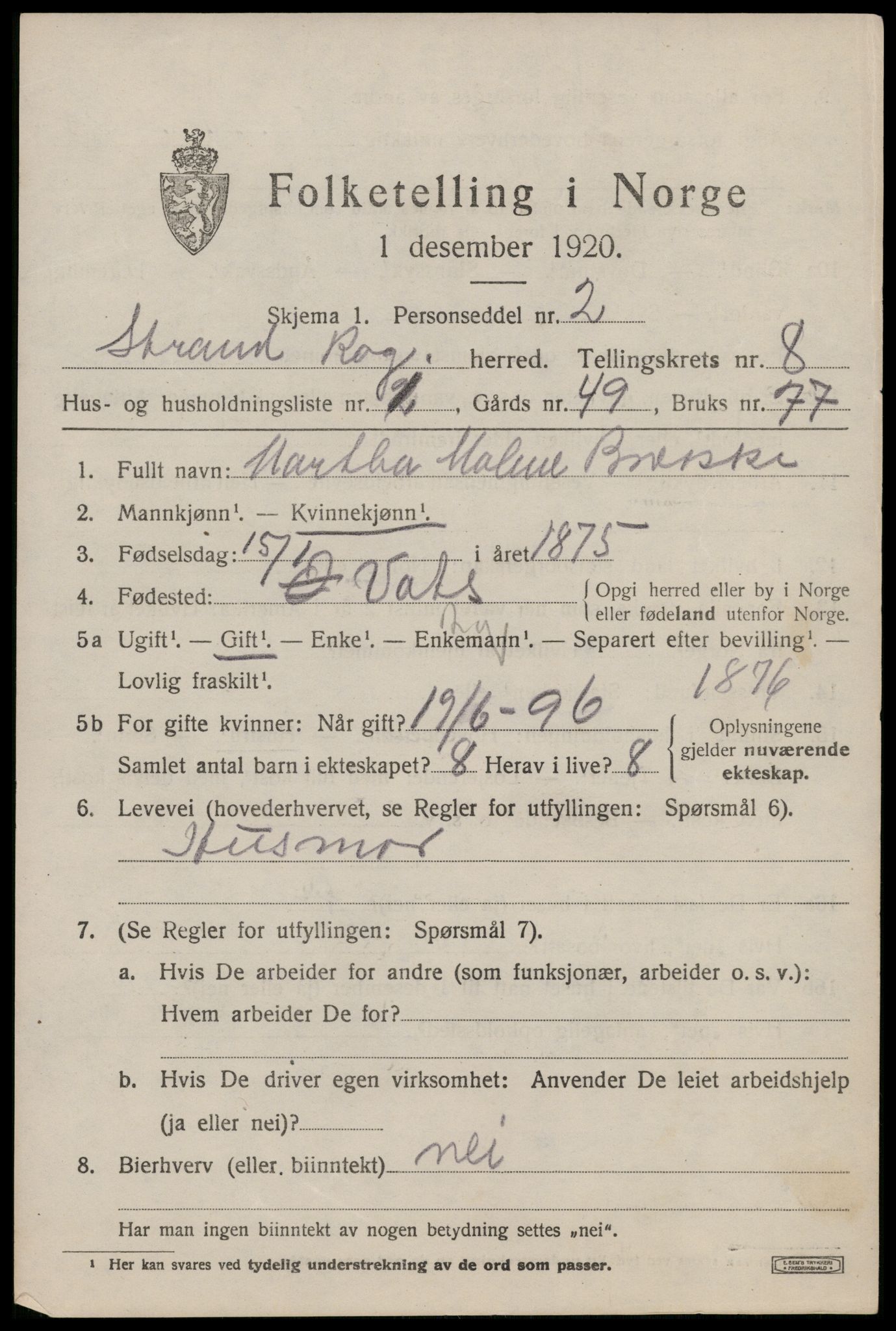 SAST, 1920 census for Strand, 1920, p. 4936